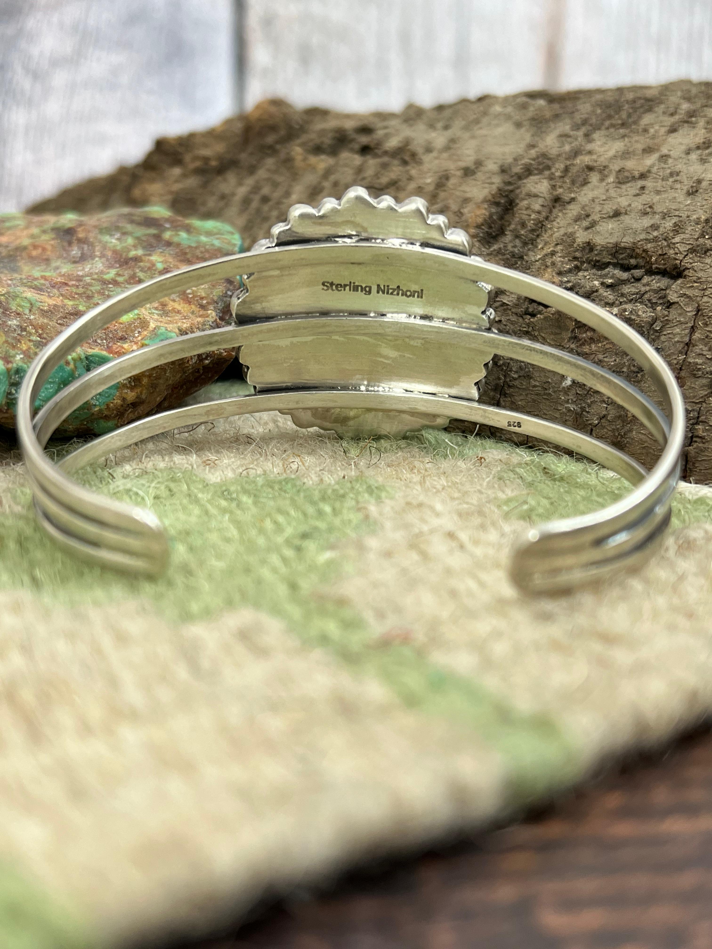 Handmade Sterling Silver Peacock Dahlia Cuff Bracelet with Signed Nizhoni