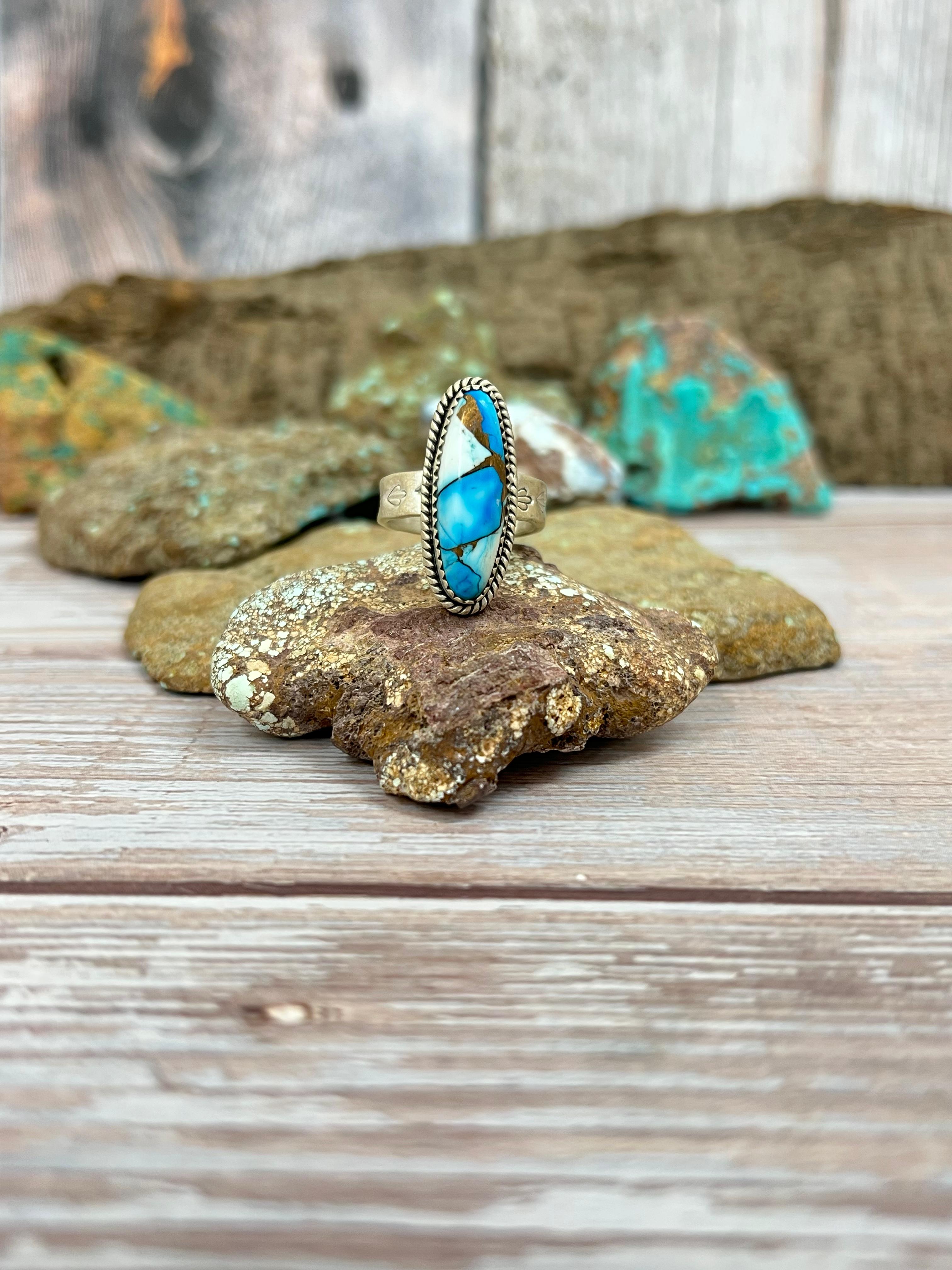 Handmade Sterling Silver Blue Ice Dahlia Adjustable Ring with Signed Nizhoni