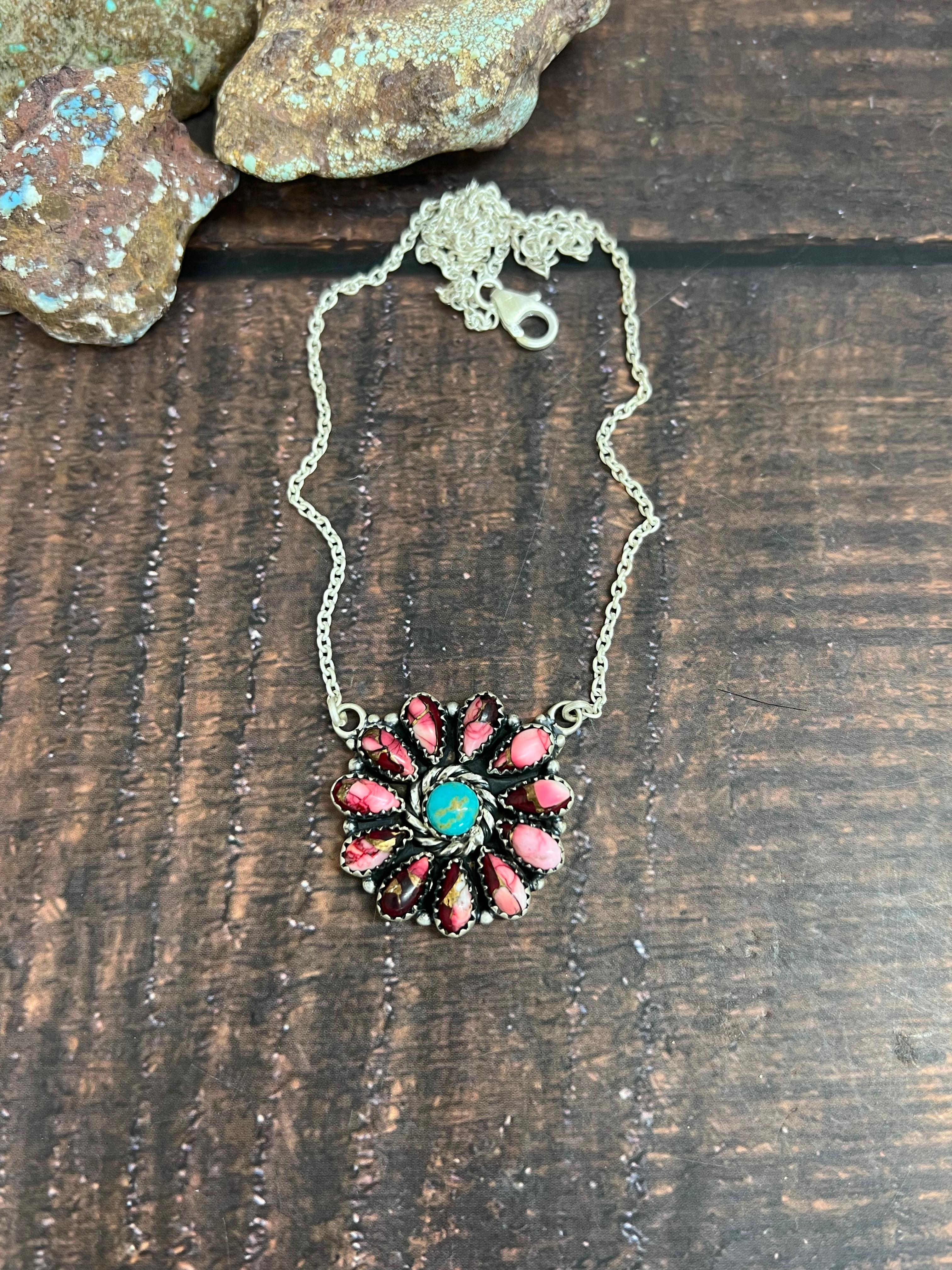 Handmade Sterling Silver Dahlia Rose, Kingman Turquoise Necklace with Signed Nizhoni