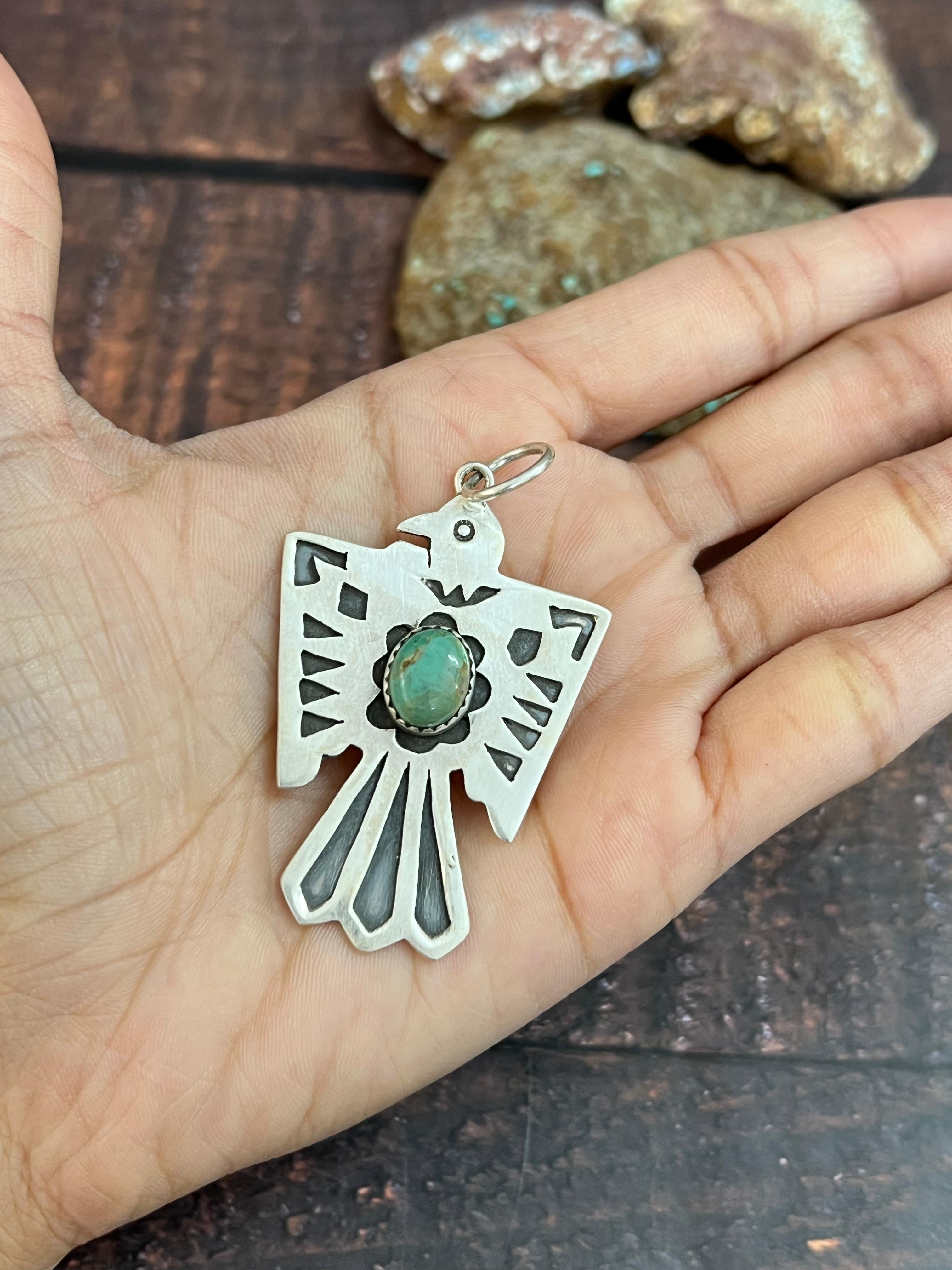 Handmade Sterling Silver Kingman Turquoise Thunder Bird Pendant with Signed Nizhoni
