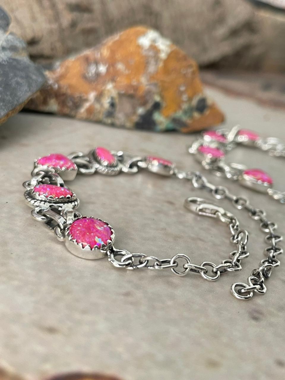 "Heart Collection" Handmade Sterling Silver Hot Pink Chain Bracelet "Signed Nizhoni"