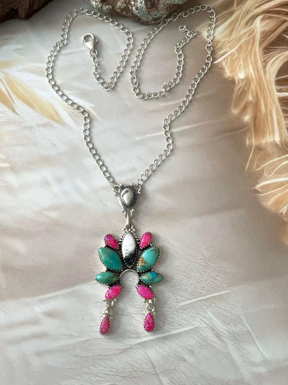 Handmade Sterling Silver Spring Collection: Kingman Turquoise with Hot Pink & White Buffalo Necklace "Signed Nizhoni"