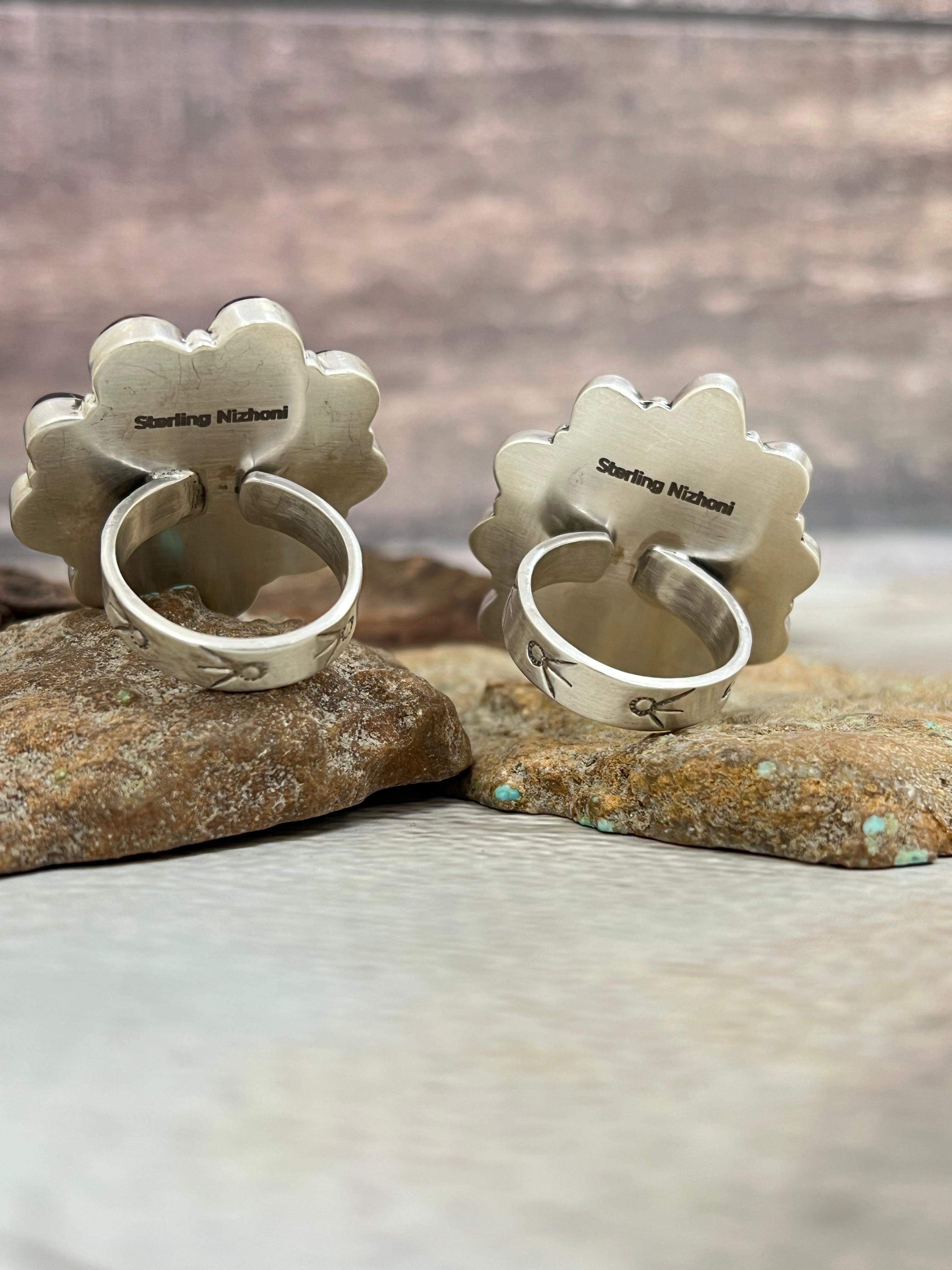 Handmade Sterling Silver Blackjack Turquoise Adjustable Ring Signed Nizhoni