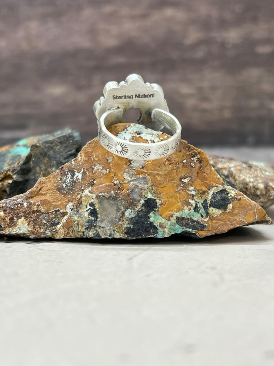 Handmade Sterling Silver Kingman Turquoise Naja Ring Adjustable "Signed Nizhoni"