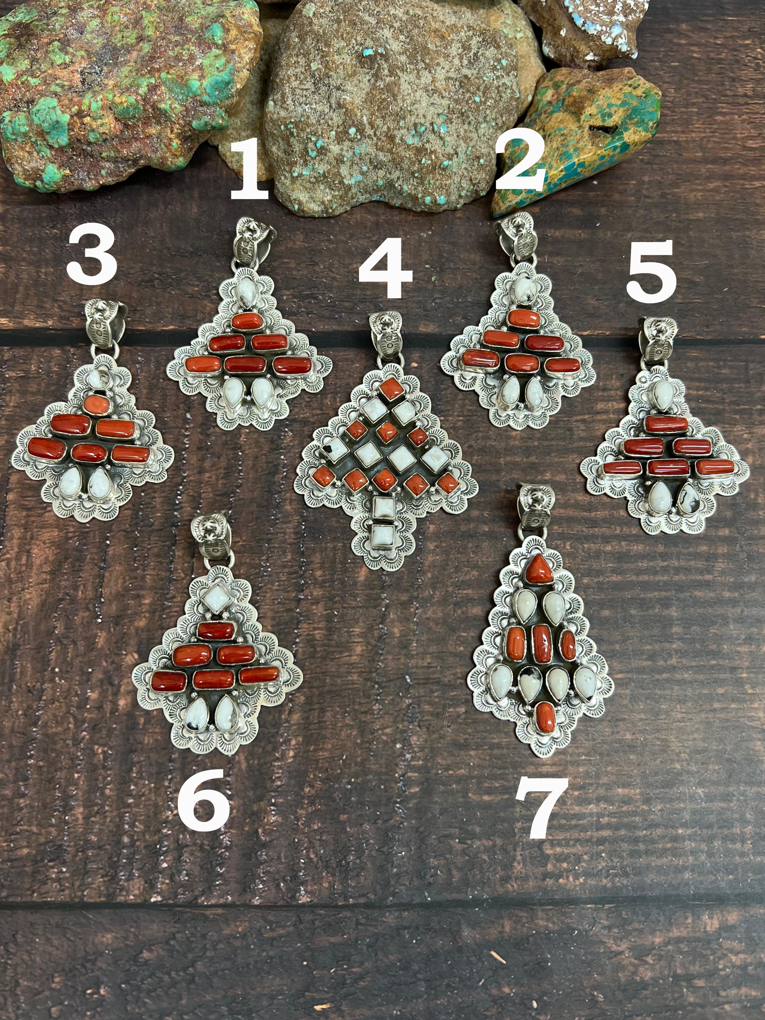 Handmade Sterling Silver Coral with White Buffalo Turquoise Pendant, Signed Nizhoni