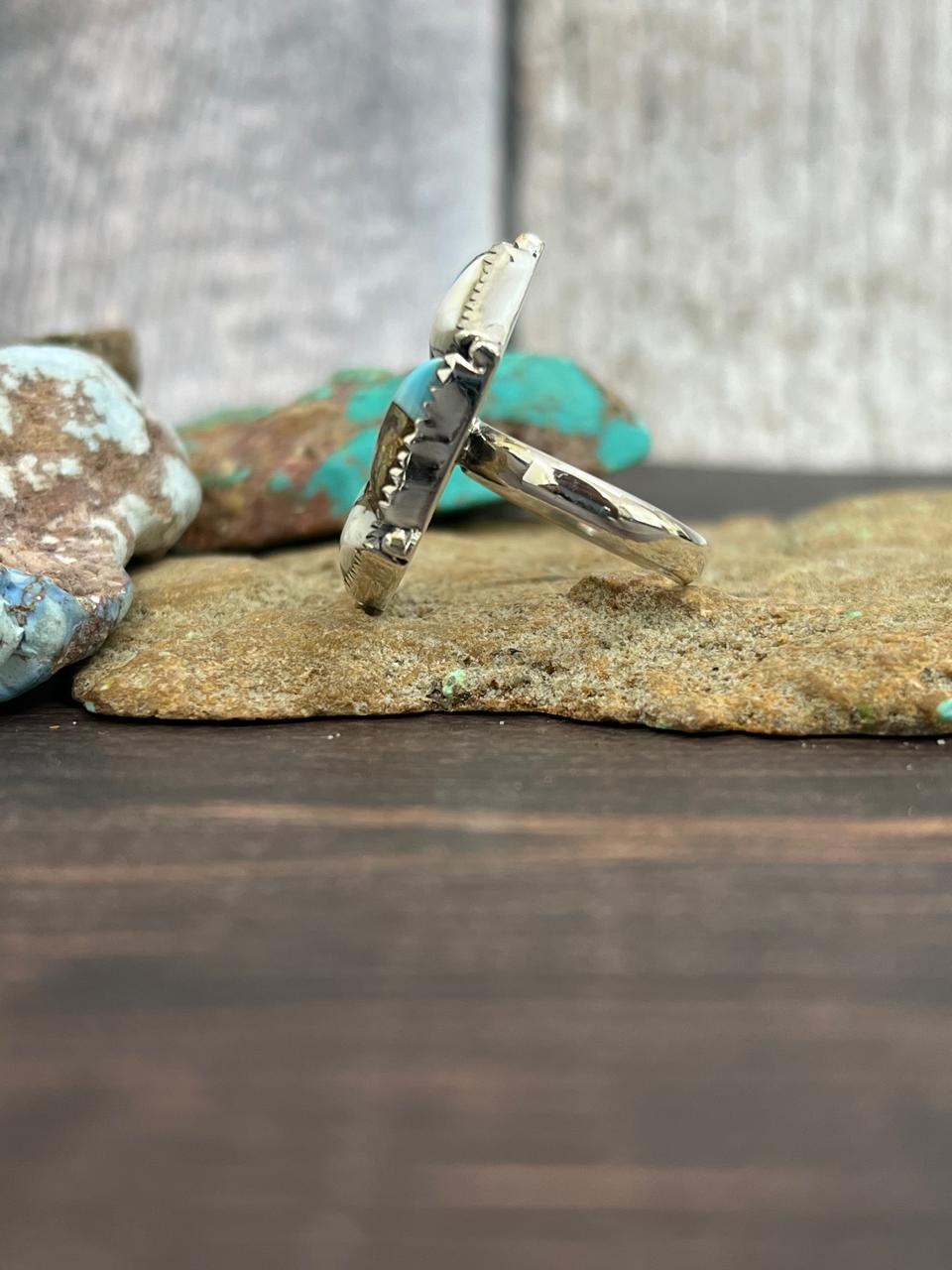 Handmade Sterling Silver Cotton Candy Turquoise Adjustable Ring with Signed Nizhoni