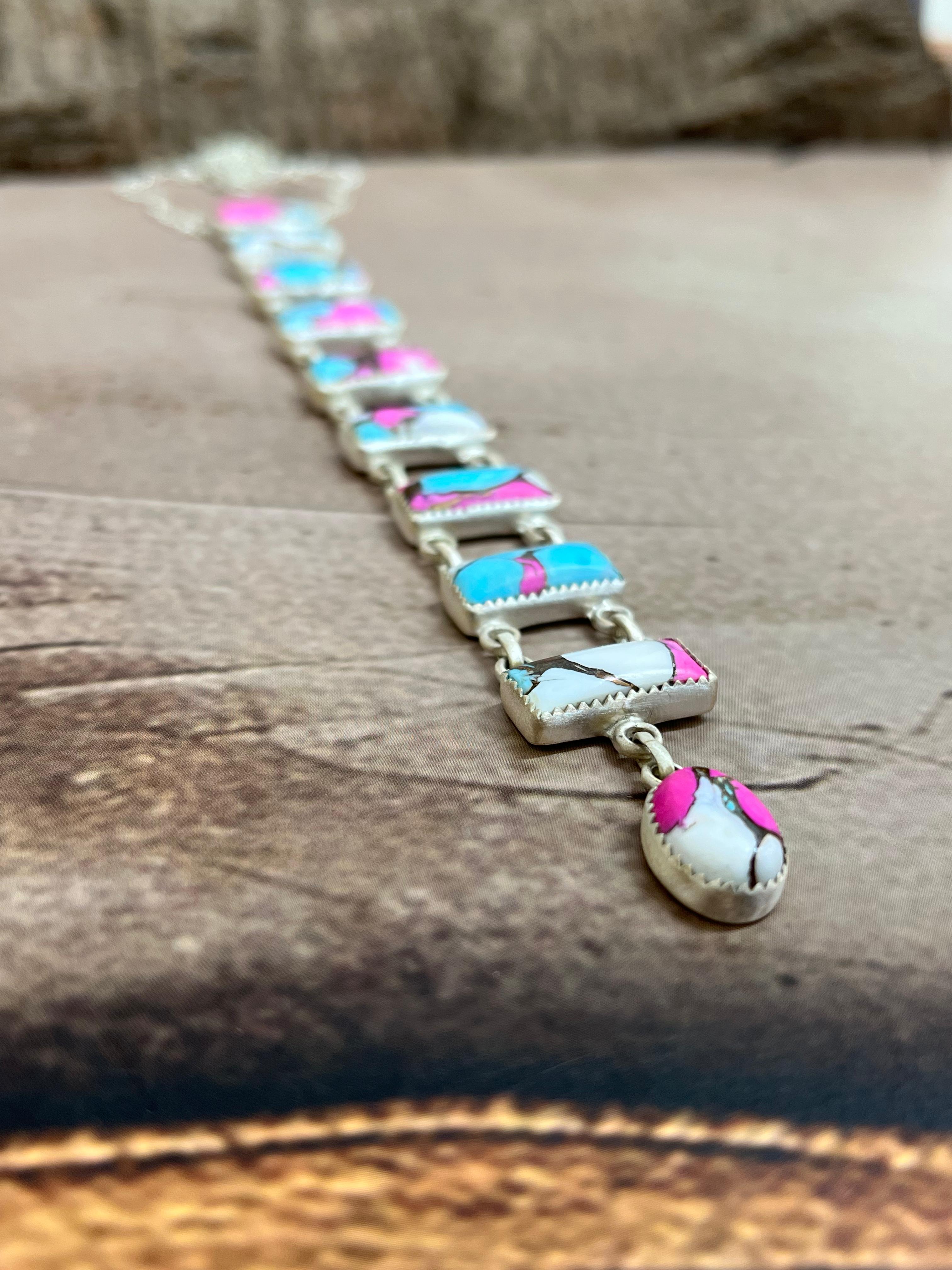 Handmade Sterling Silver Cotton Candy Turquoise Stairs Necklace with Signed Nizhoni