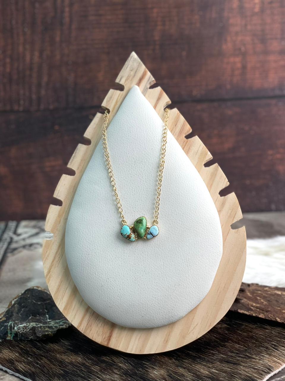 “The Golden Collection” Handmade Natural Golden Hills, Sonoran and Number 8 Turquoise Gold Plated Necklace