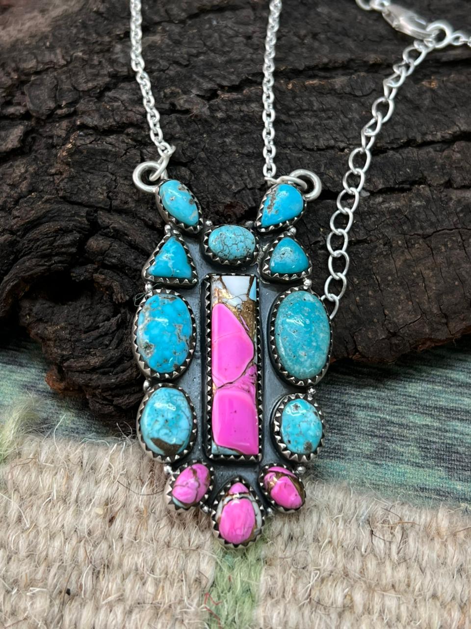Handmade Sterling Silver Cotton Candy with White Water Necklace "Signed Nizhoni"