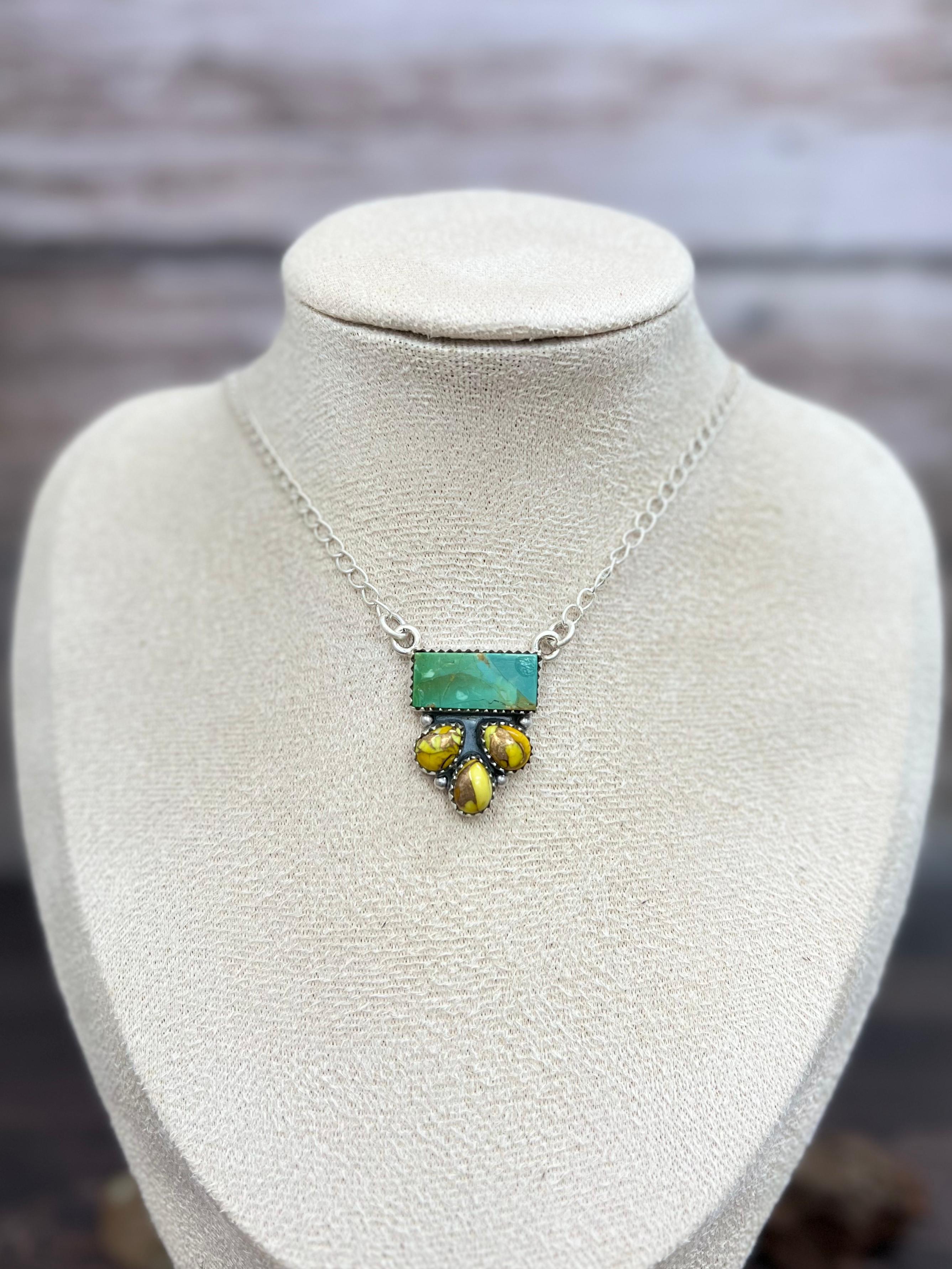 Handmade Sterling Silver Kingman with Honey Dahlia Necklace with Signed Nizhoni