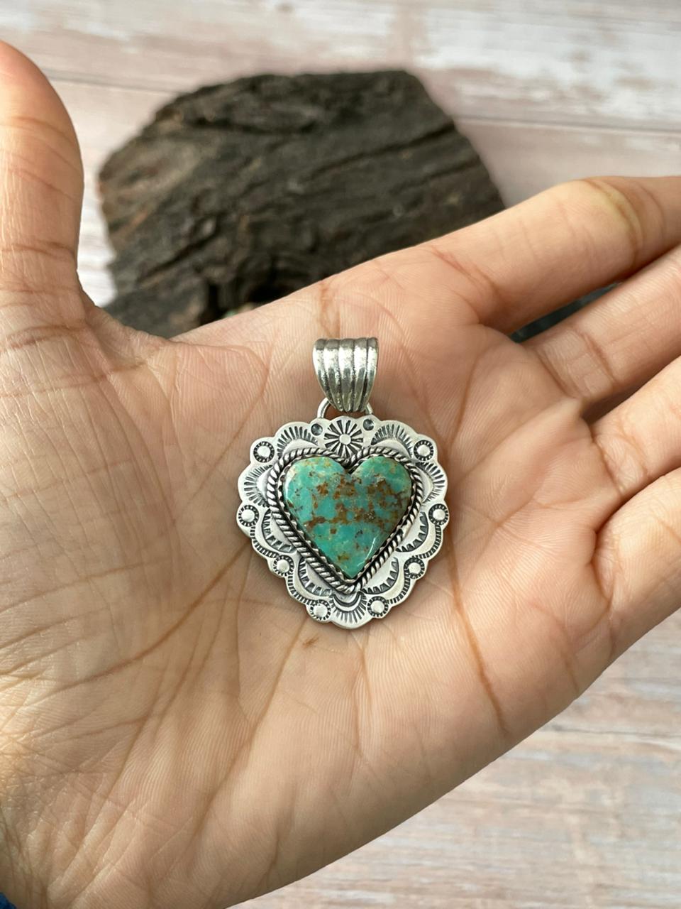 Handmade Sterling Silver Mantis Turquoise Heart Pendant " Signed Nizhoni"