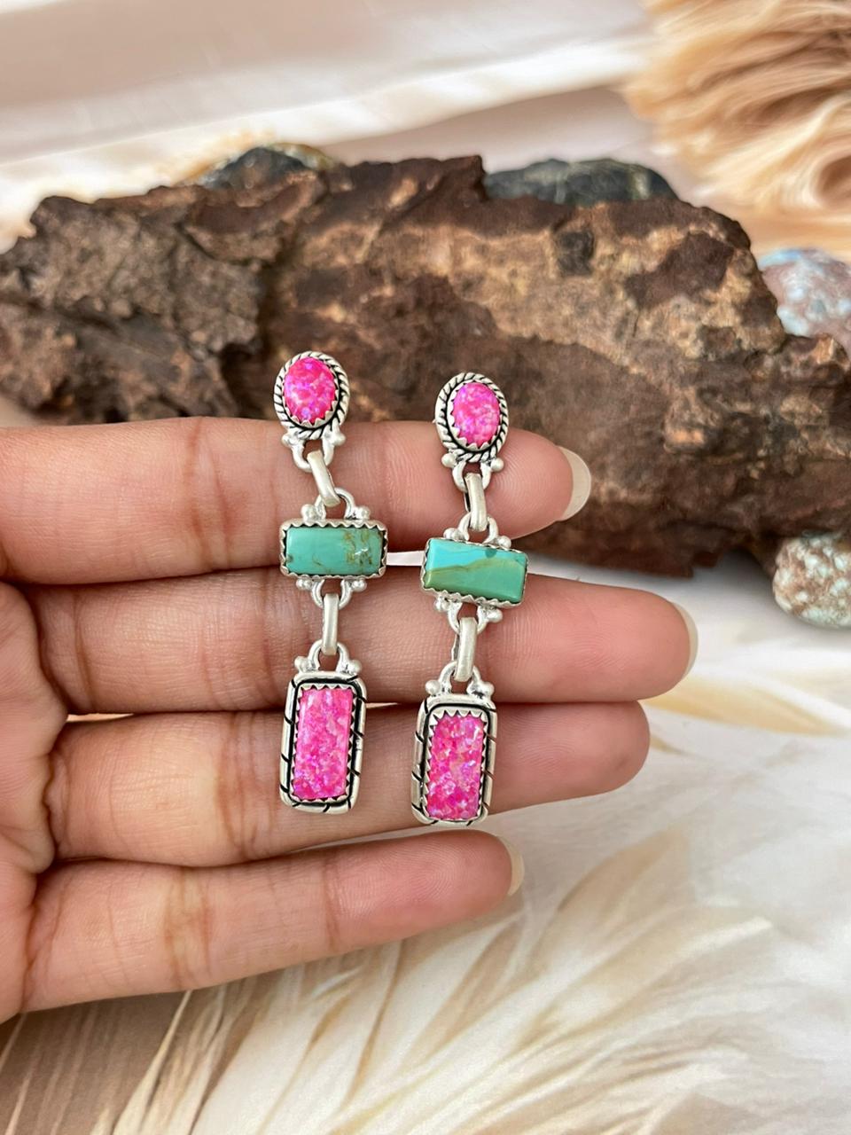 Handmade Sterling Silver Spring Collection: Hot Pink with Kingman Post Dangle Earrings "Signed Nizhoni"
