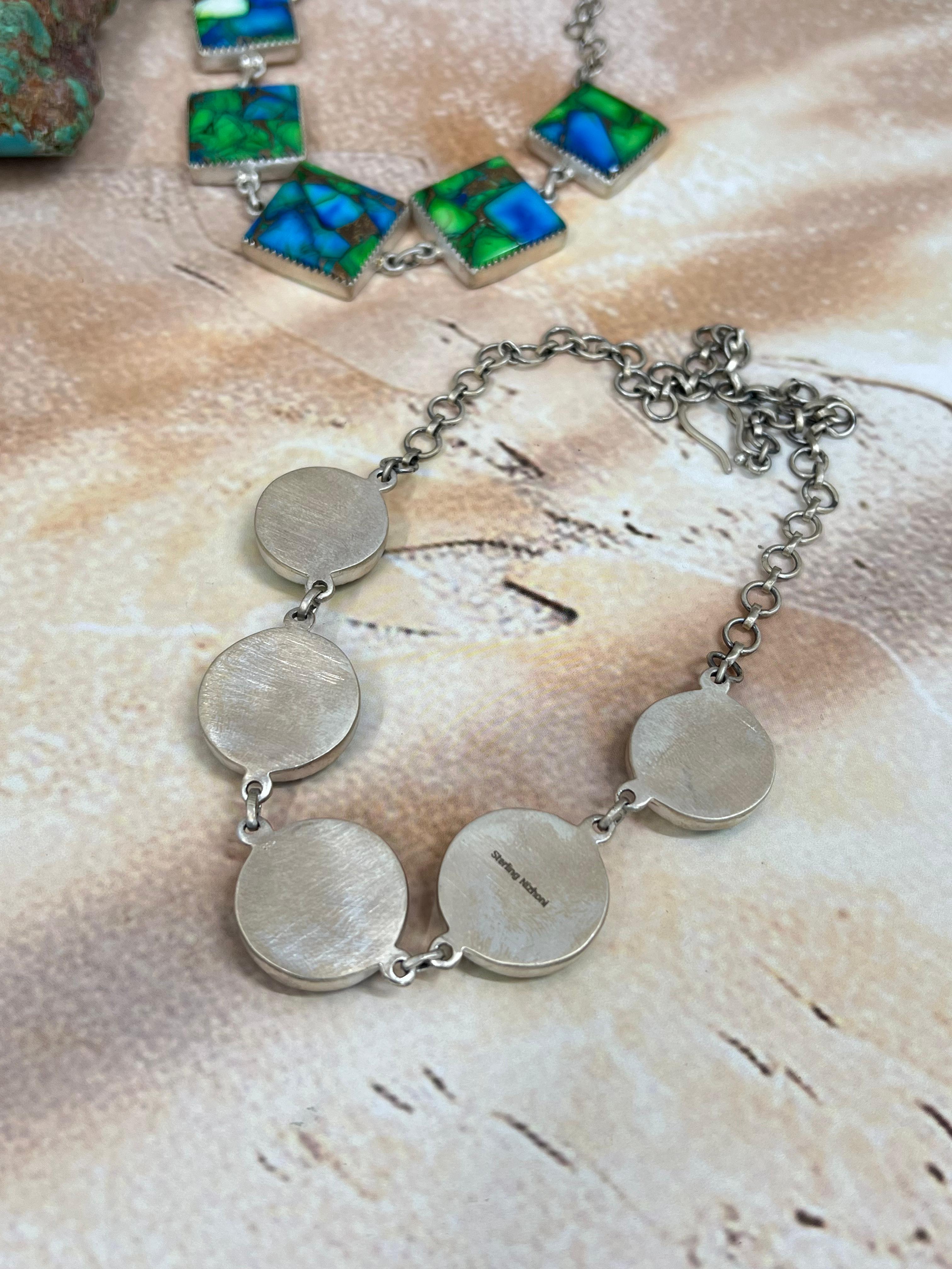 Handmade Sterling Silver Peacock Dahlia Necklace with Signed Nizhoni