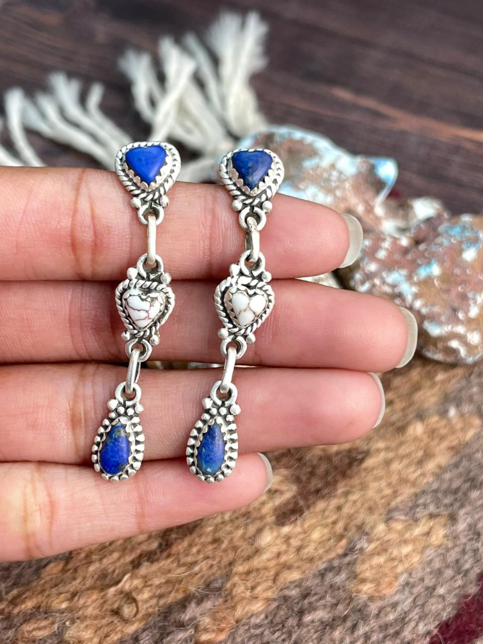 Handmade Sterling Silver Lapis with Wildhorse Magnesite Post Dangle Heart Earrings "Signed Nizhoni"