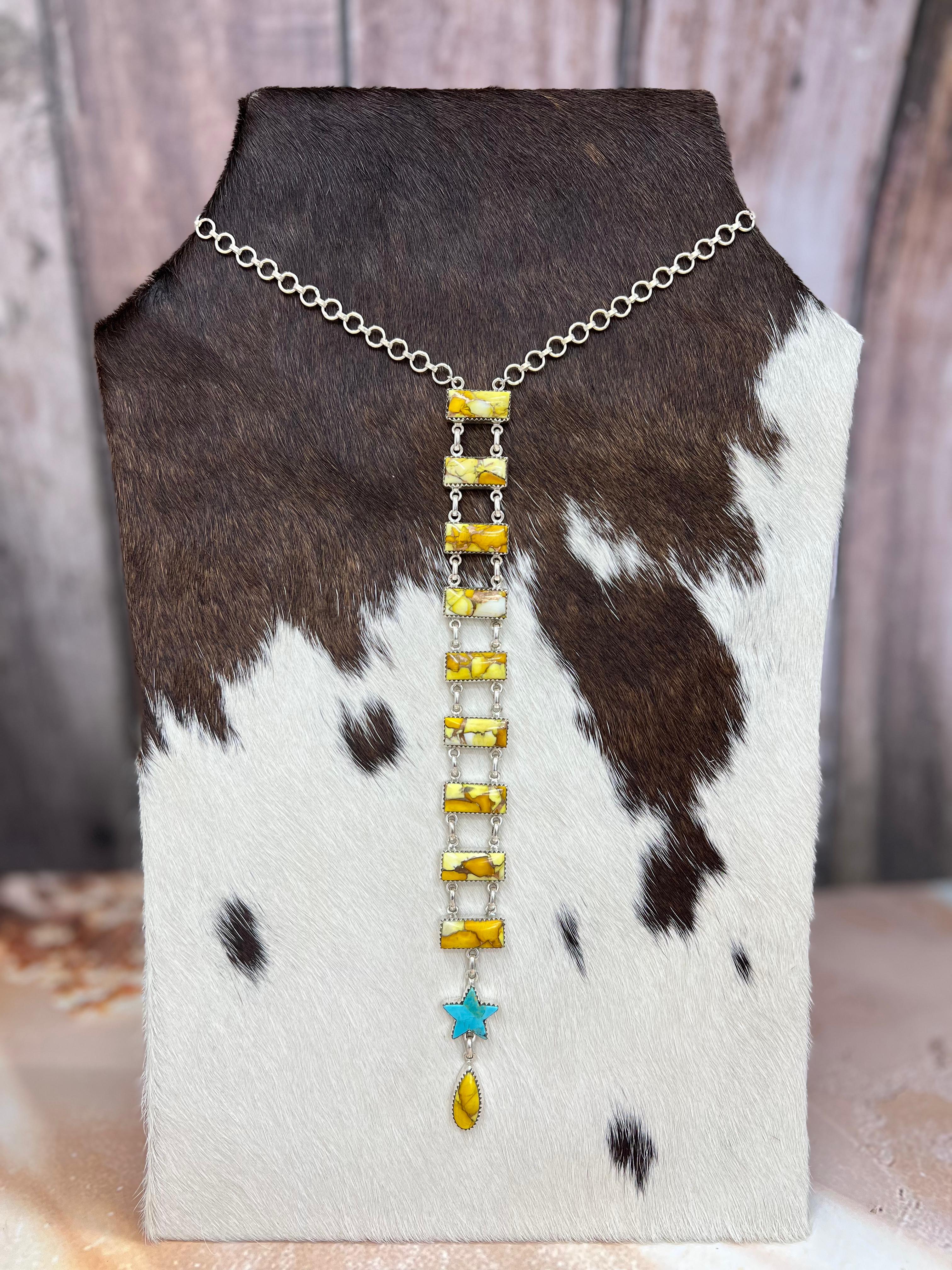 Handmade Sterling Silver Honey Dahlia with Kingman Turquoise Necklace with Signed Nizhoni