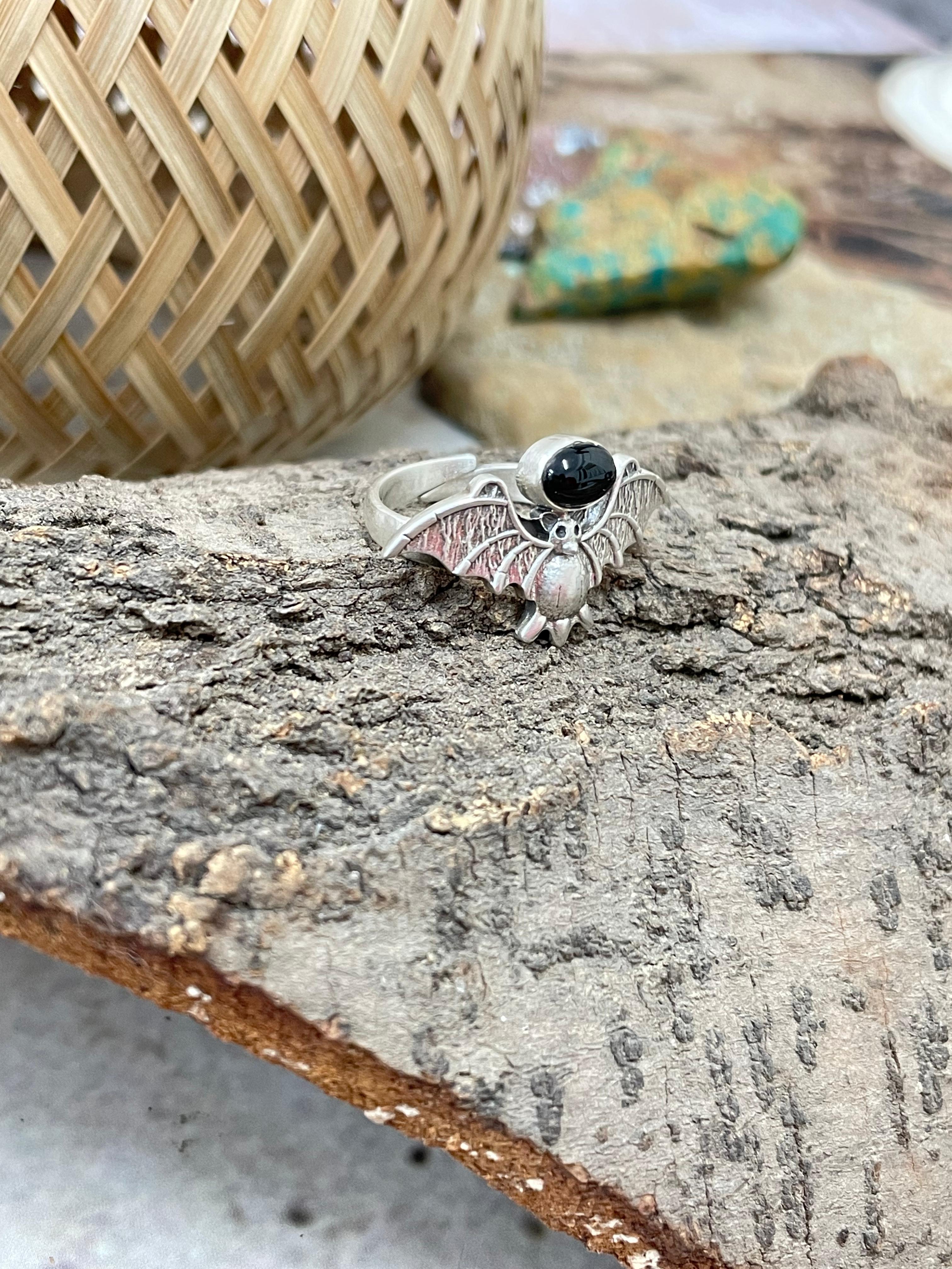 "Halloween Collection" Handmade Sterling Silver Black Onyx Bat Ring with Signed Nizhoni