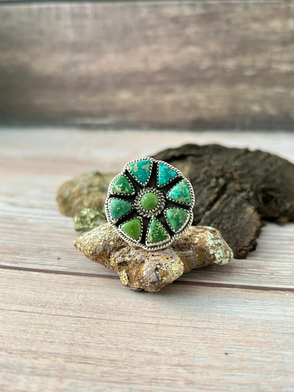 Handmade Sterling Silver Emerald Valley Turquoise Adjustable Ring With Signed Nizhoni