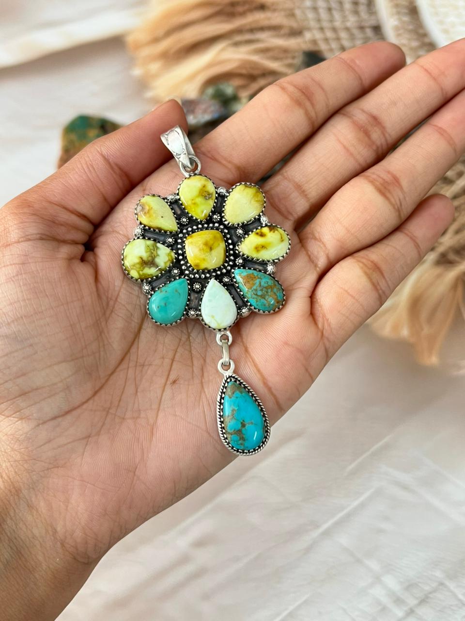 Handmade Sterling Silver Santa Maria Turquoise with Palomino Turquoise Pendant "Signed Nizhoni"