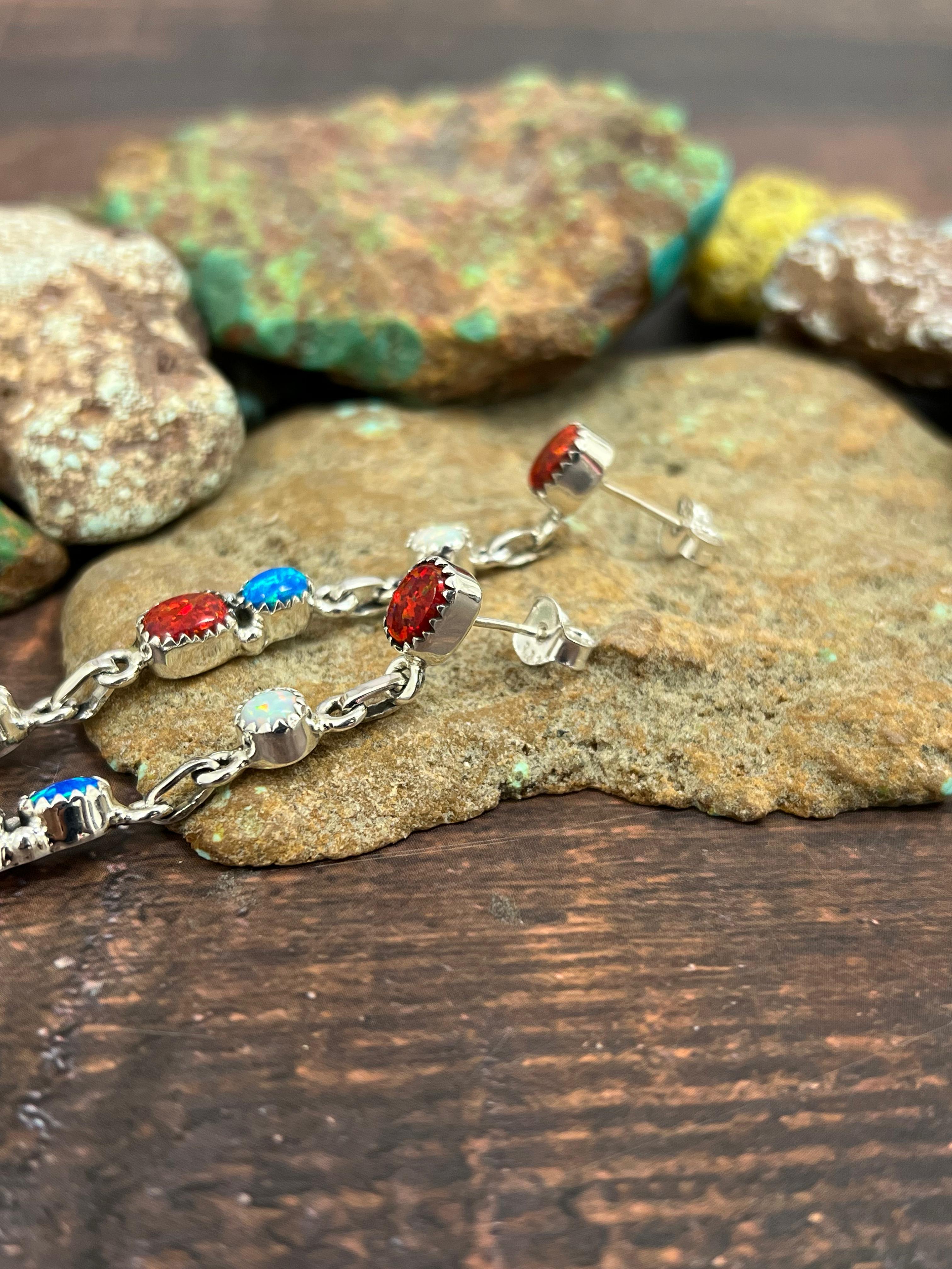 ** 4TH OF JULY ** Handmade Sterling Silver Synthetic Opal Post Earrings with Signed Nizhoni