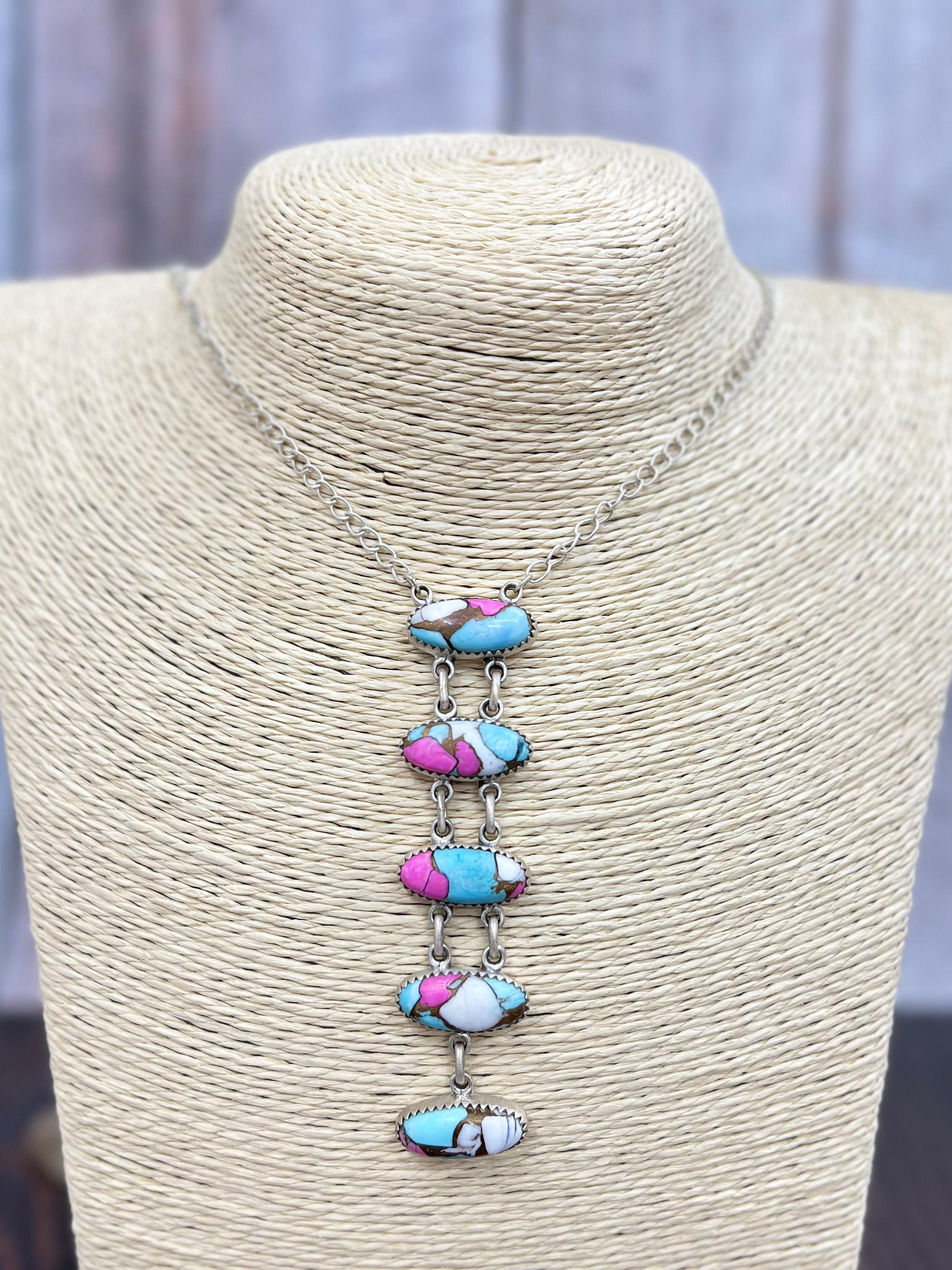 Handmade Sterling Silver Cotton Candy Turquoise Stairs Necklace with Signed Nizhoni (9)