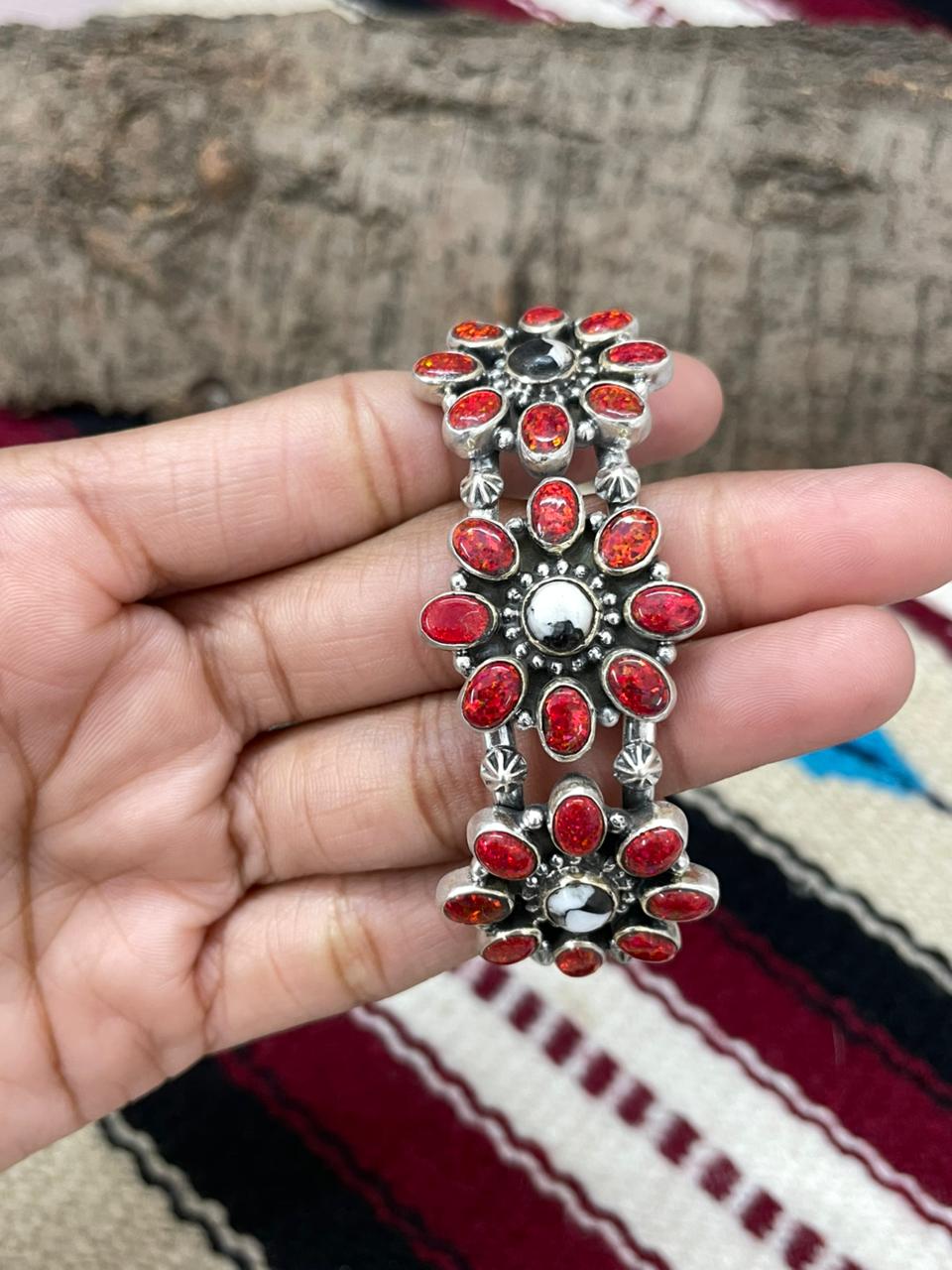 "Christmas Collection" Handmade Sterling Silver White Buffalo With Red Opal Cuff Bracelet "Signed Nizhoni"