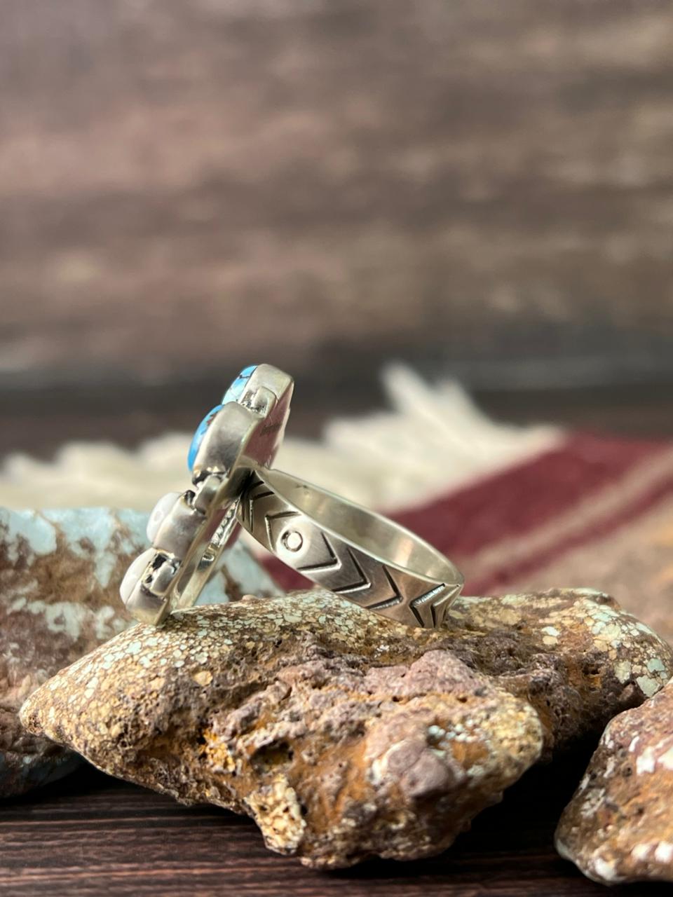 Handmade Sterling Silver Golden Hills with White Collection Adjustable Ring "Signed Nizhoni"