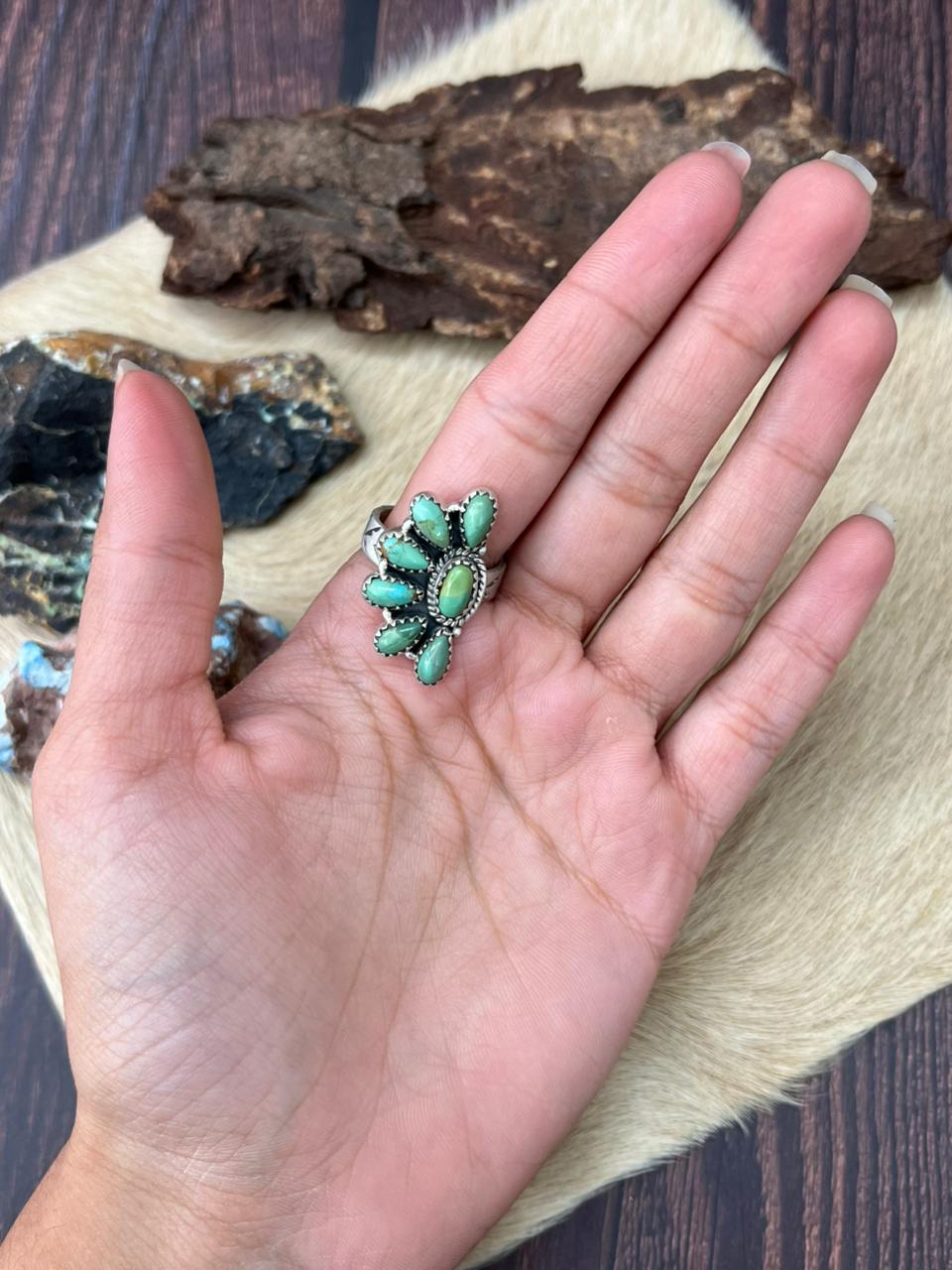 Handmade Sterling Silver Kingman Turquoise Adjustable Ring "Signed Nizhoni"