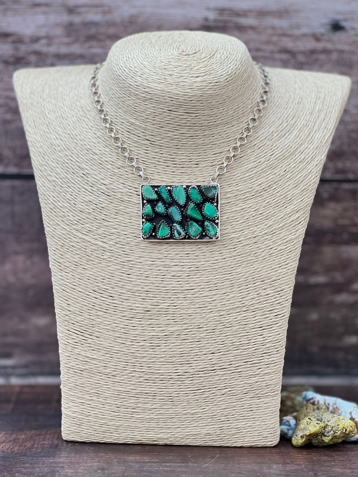 Handmade Sterling Silver Emerald Rose Necklace with Signed Nizhoni