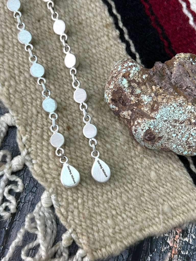 Handmade Sterling Silver Kingman Turquoise Post Dangle Earrings with Signed Nizhoni