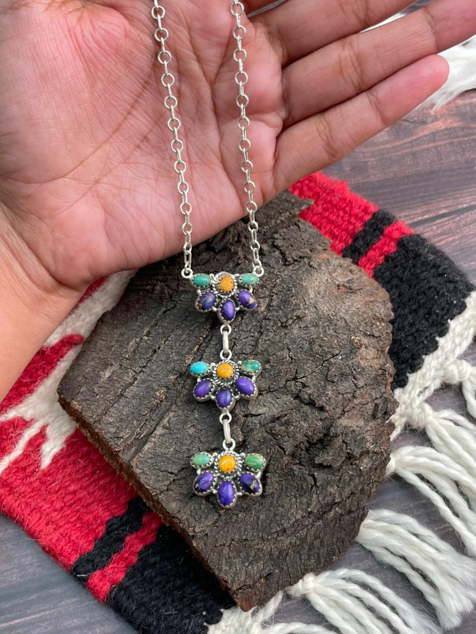 Handmade Sterling Silver Kingman with Orange Mojave and Grape Dahlia Necklace "Signed Nizhoni"