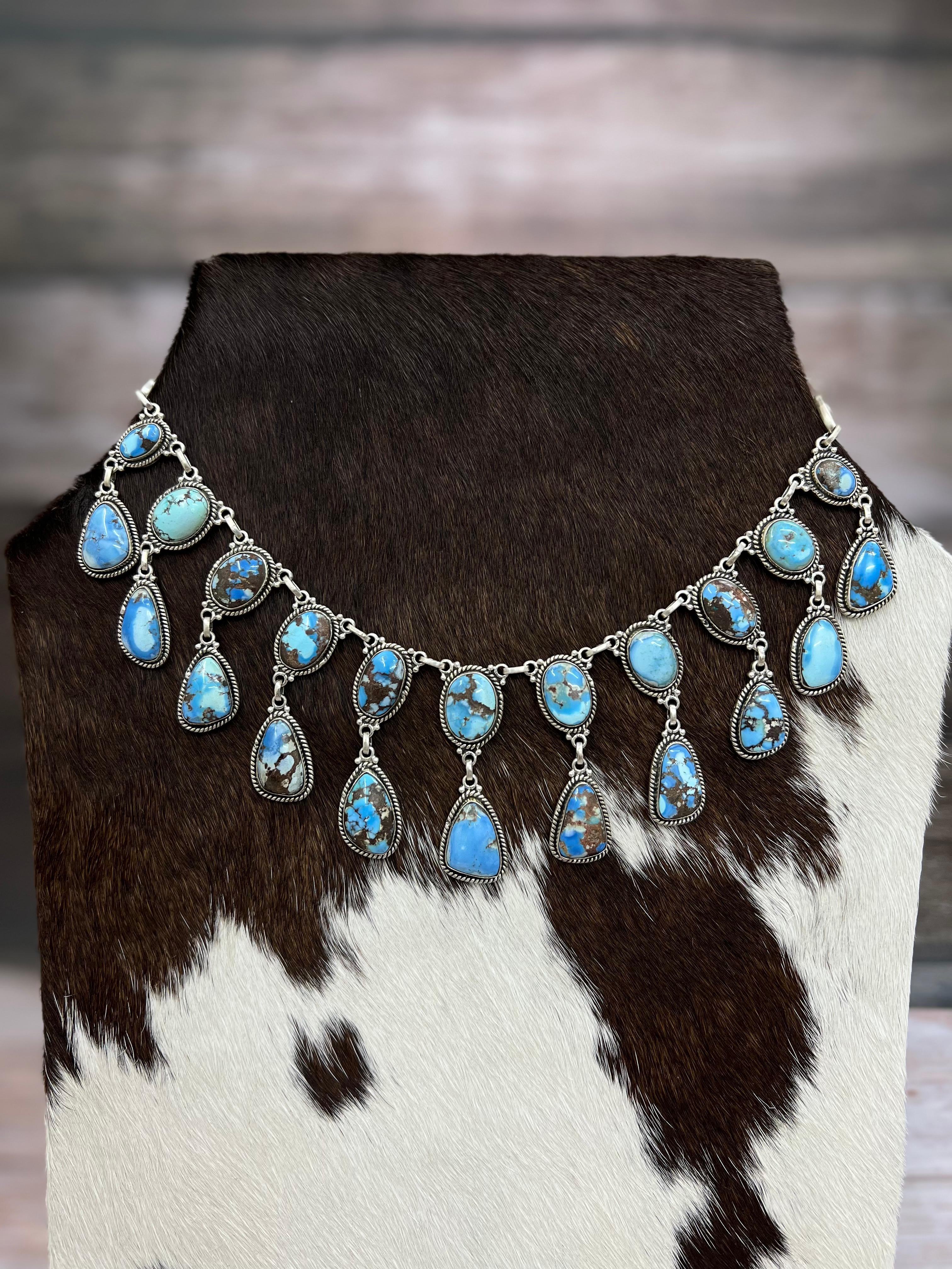 Handmade Sterling Silver Golden Hills Turquoise Necklace with Signed Nizhoni