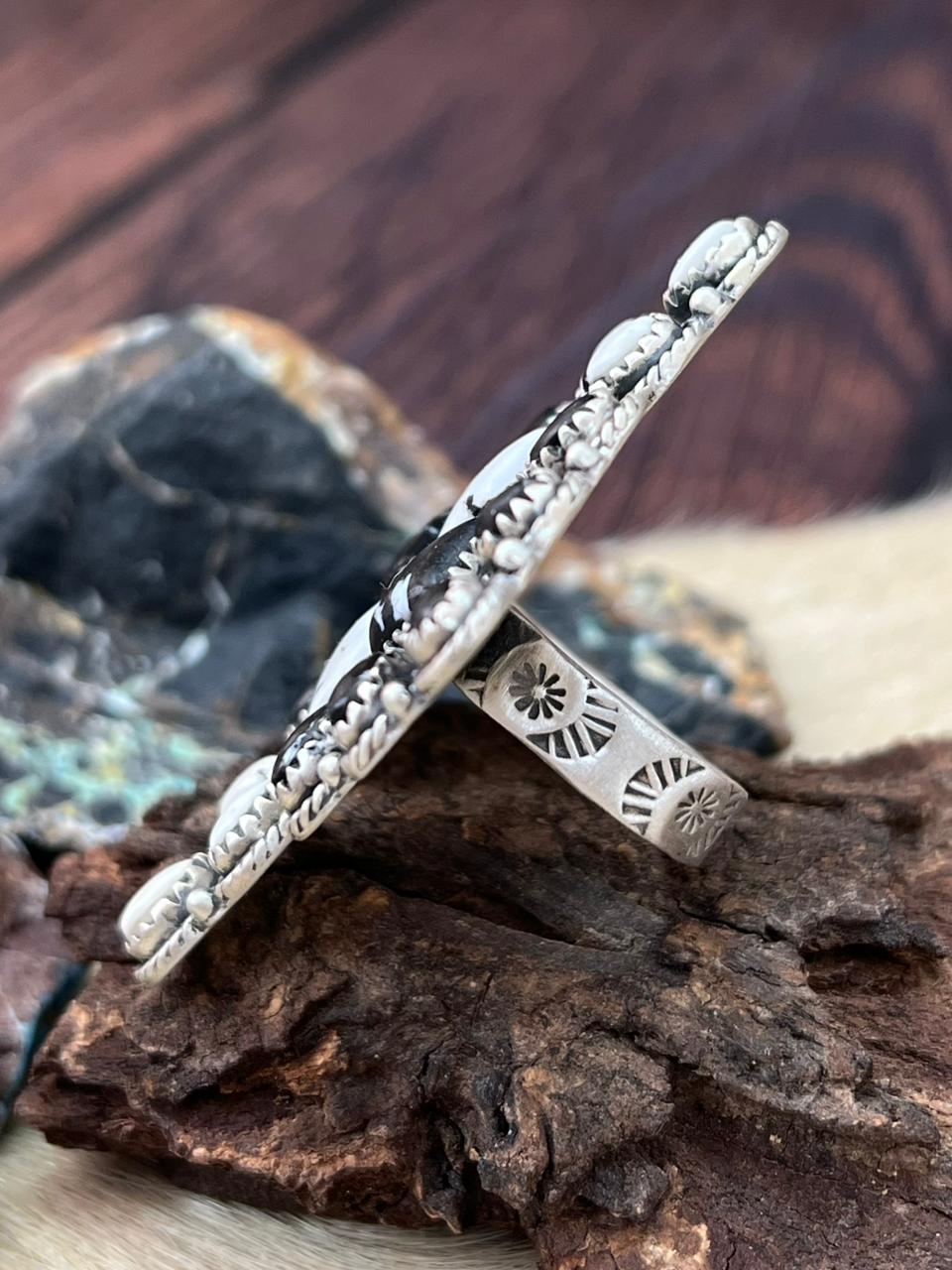 Handmade Sterling Silver White Buffalo Adjustable Ring "Signed Nizhoni"