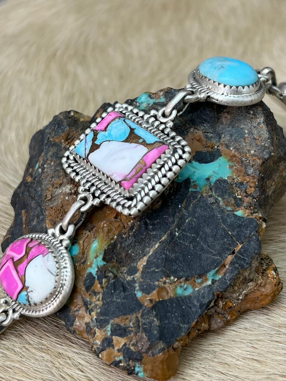 Handmade Sterling Silver Cotton Candy Chain Bracelet "Signed Nizhoni"