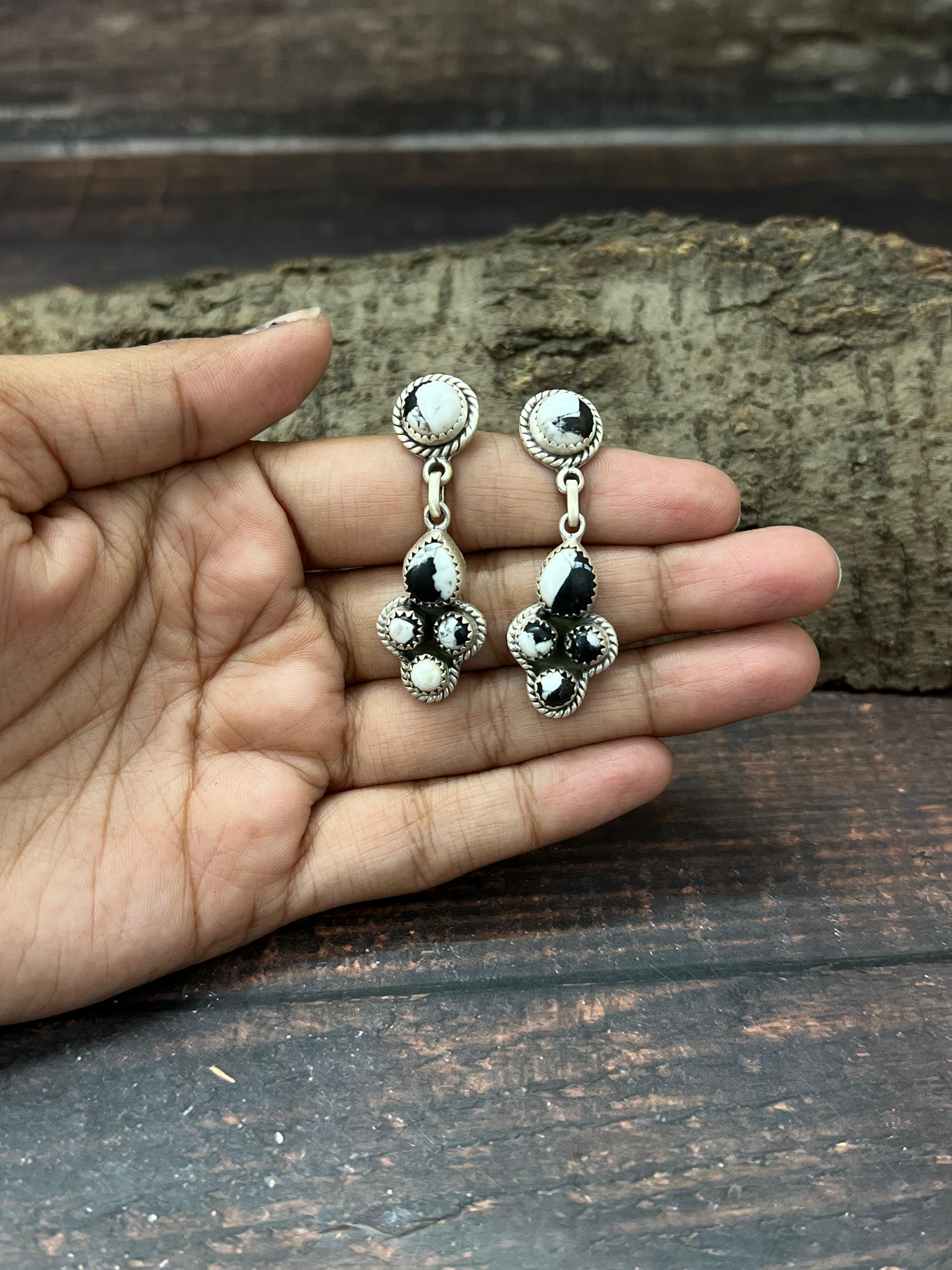 Handmade Sterling Silver White Buffalo Post Dangle Earrings with Signed Nizhoni (2)