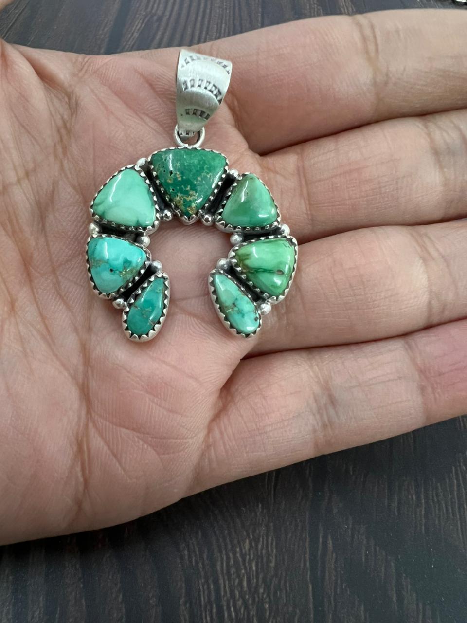 Handmade Sterling Silver Emerald Valley Turquoise Pendant "Signed Nizhoni"