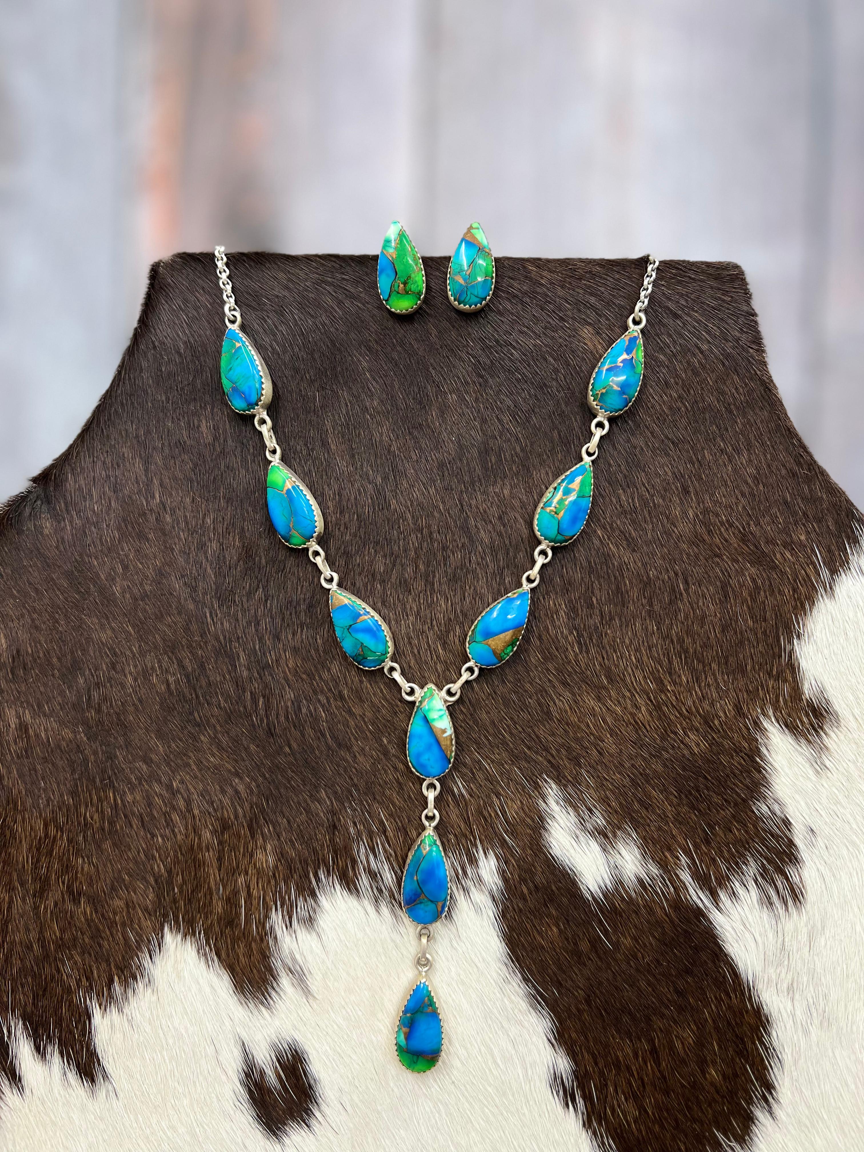 Handmade Sterling Silver Peacock Dahlia Necklace Earrings Set with Signed Nizhoni