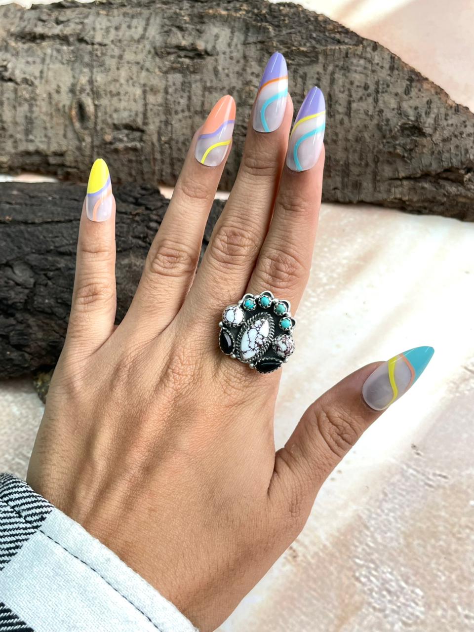 Handmade Sterling Silver Kingman with Wildhorse, Black Onyx Adjustable Ring "Signed Nizhoni"