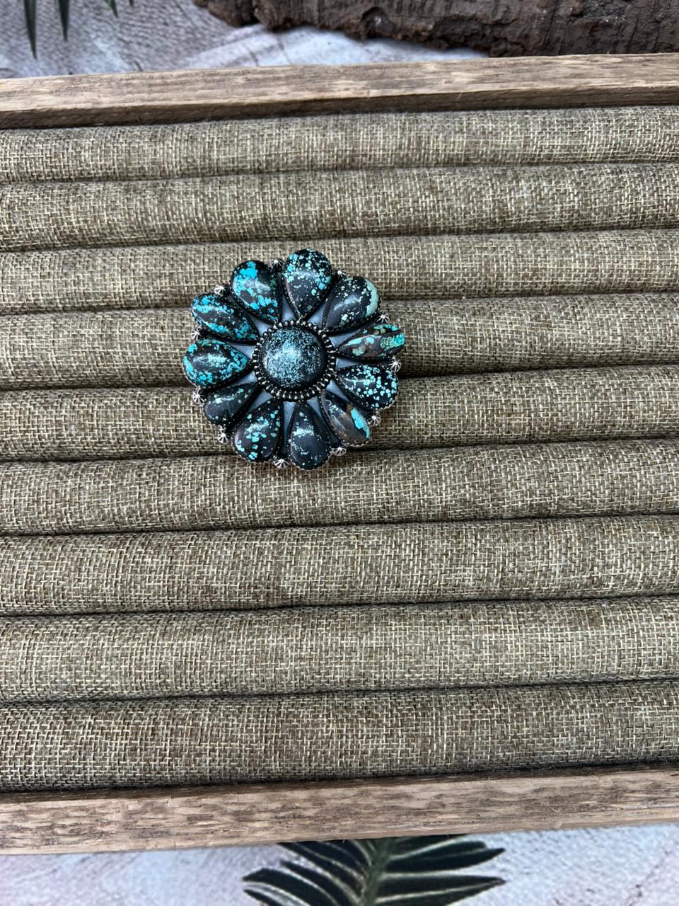 Handmade Sterling Silver Lander Turquoise Adjustable Ring With Signed Nizhoni