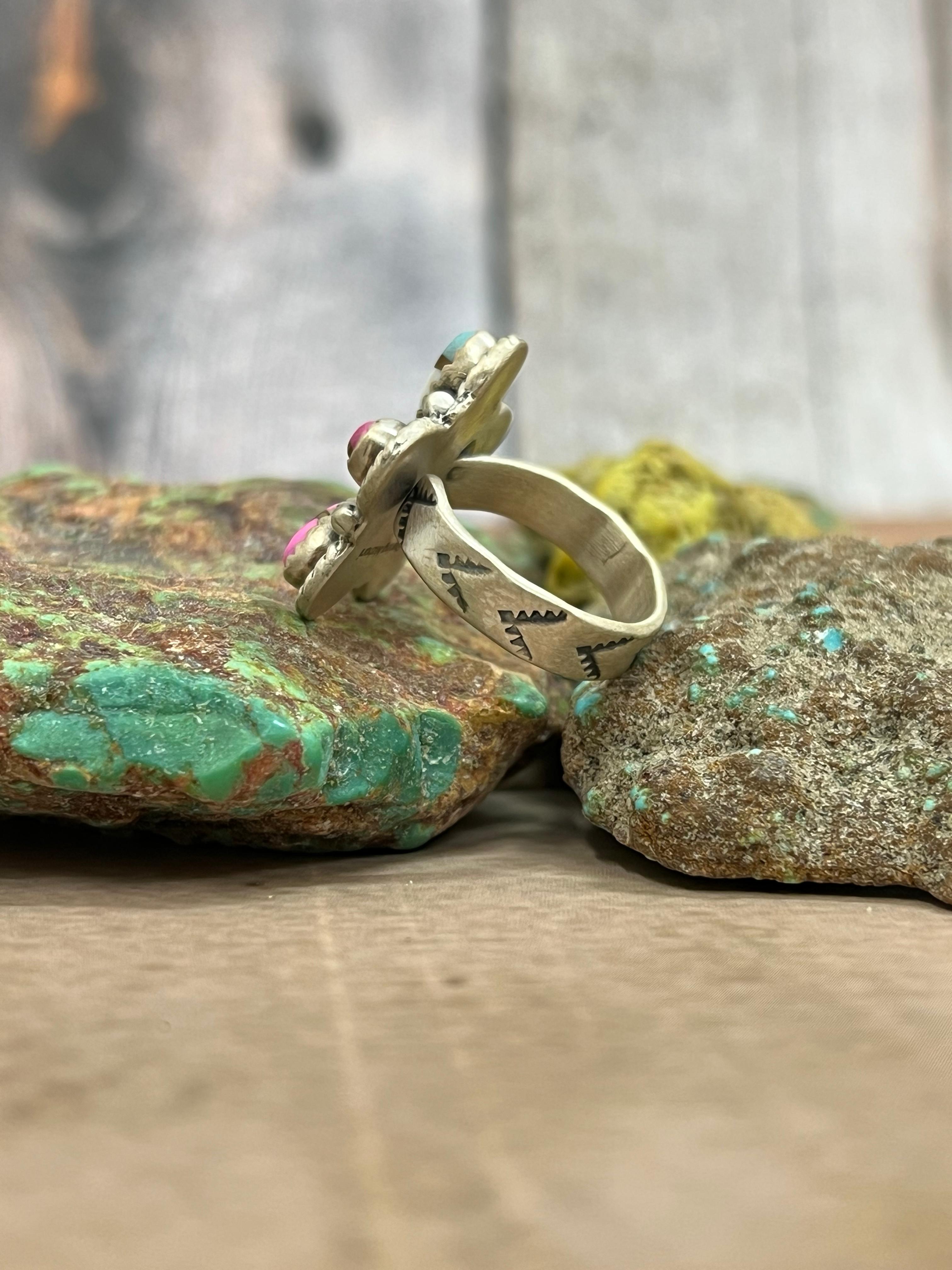 Handmade Sterling Silver Cotton Candy Turquoise Adjustable Ring with Signed Nizhoni