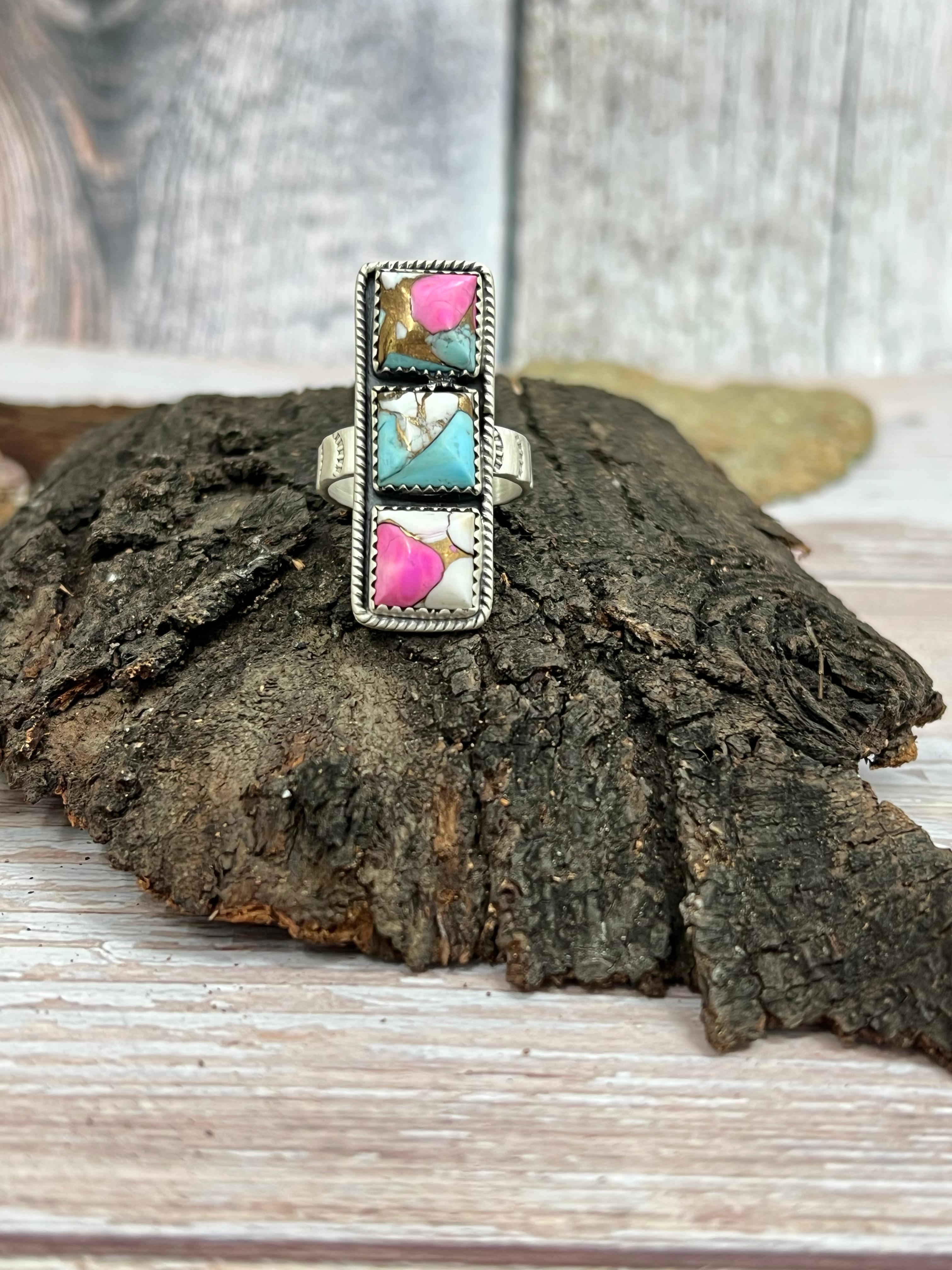 Handmade Sterling Silver Cotton Candy Turquoise Adjustable Ring with Signed Nizhoni
