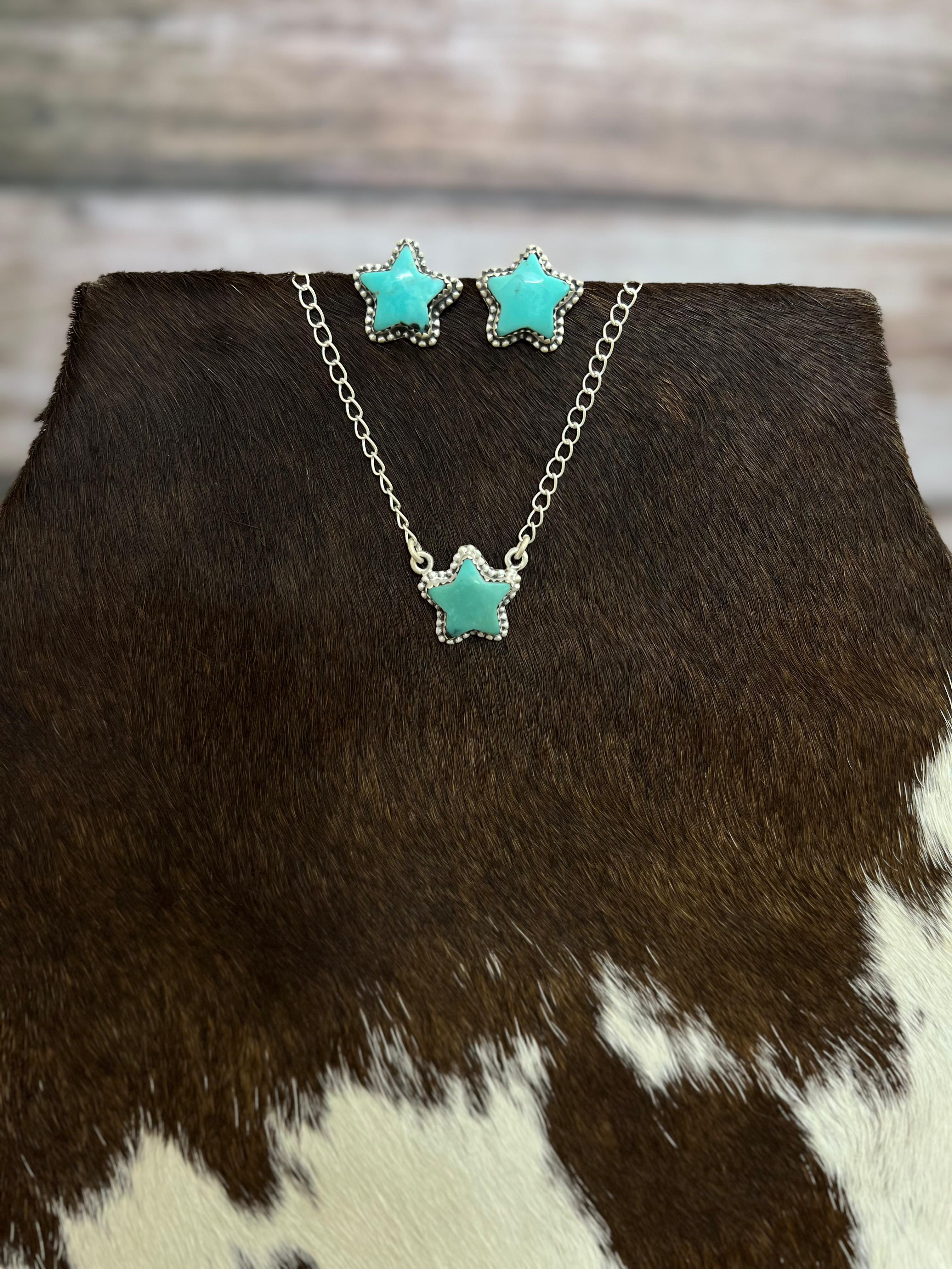 Handmade Sterling Silver Campitos Turquoise Star Necklace Earrings Set, Signed Nizhoni