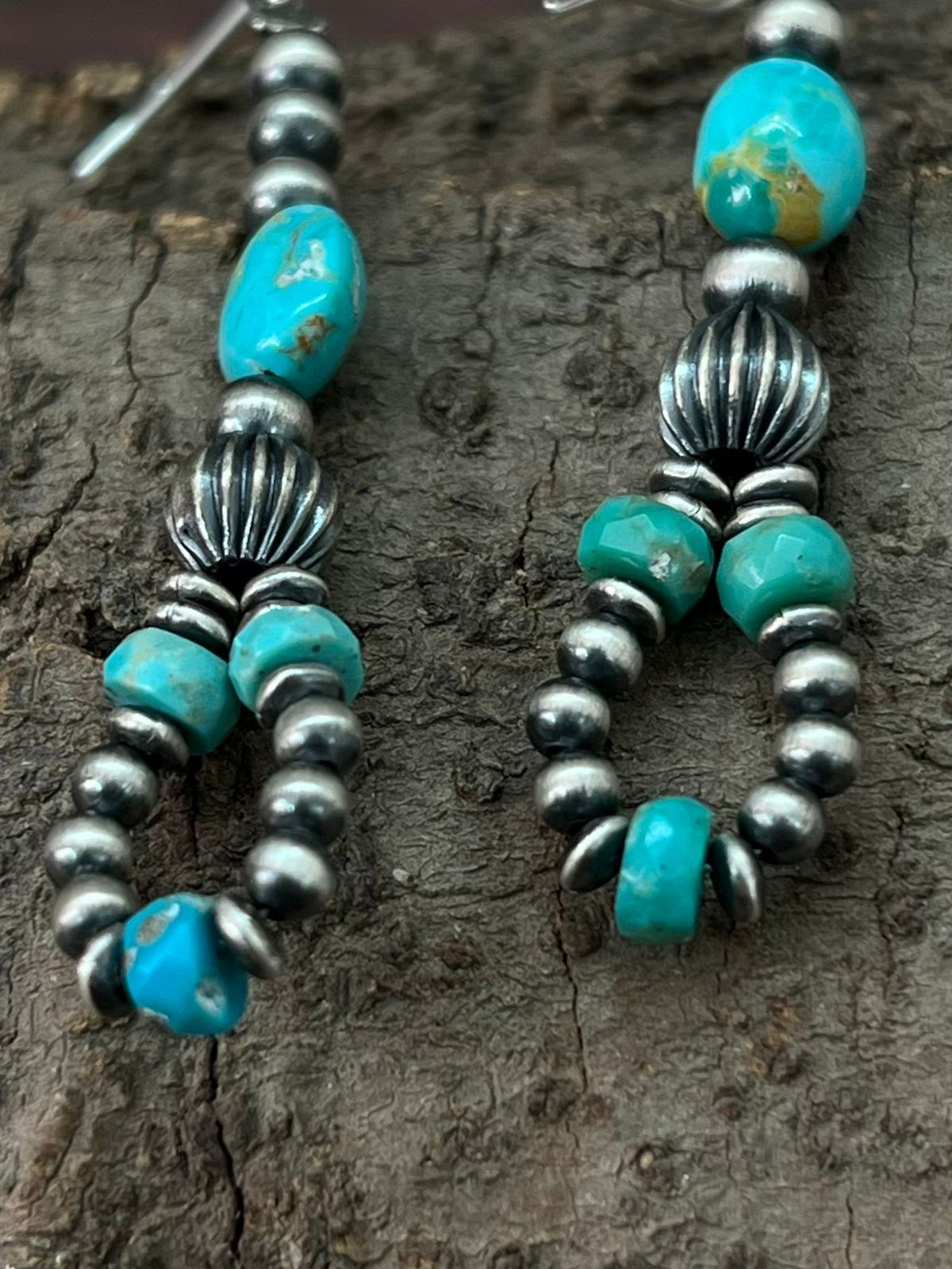 Handmade Sterling Silver Beaded Kingman with Mojave Hook Dangle Earrings