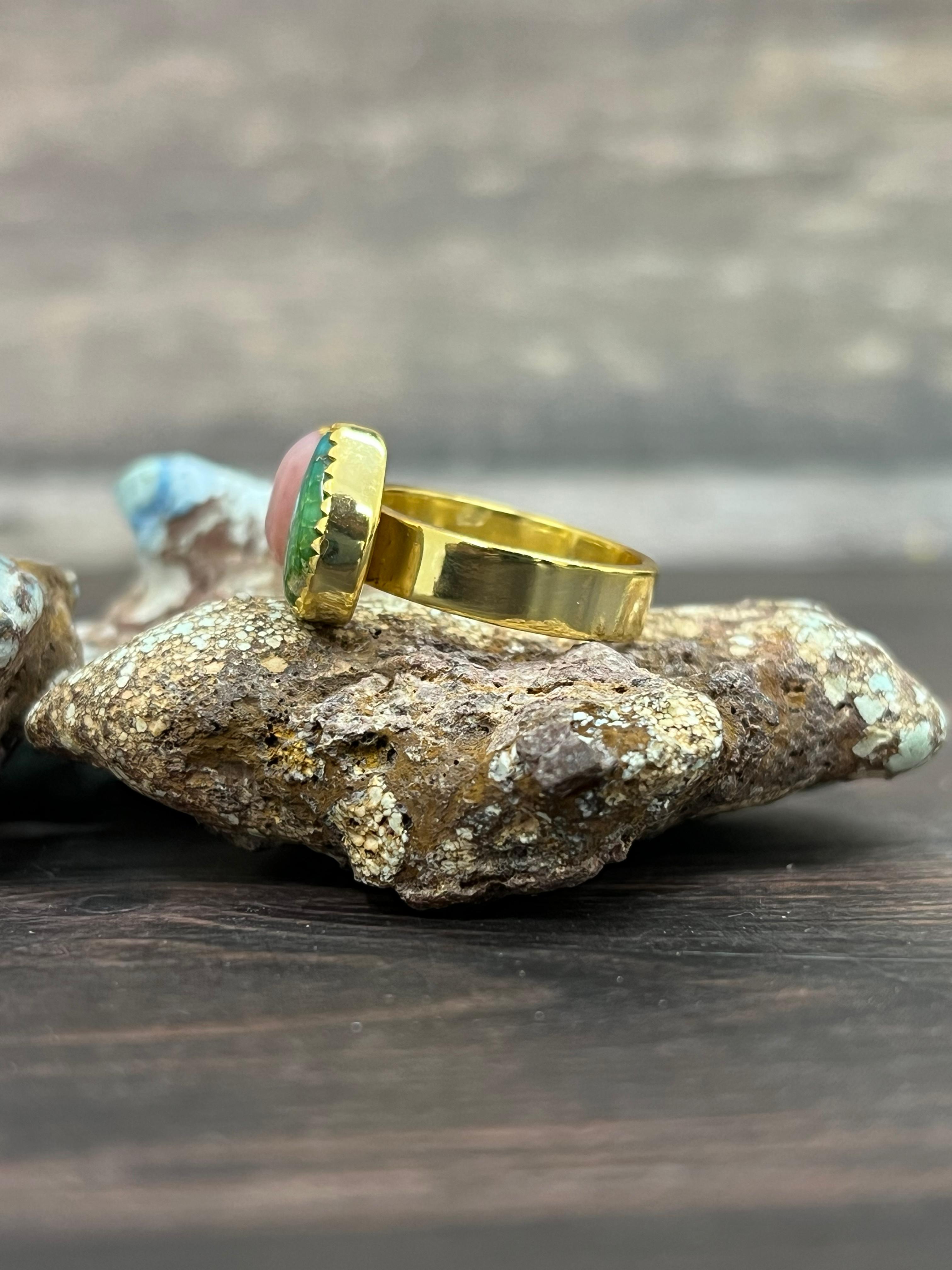 “The Golden Collection” Natural Sonoran Turquoise & Pink Opal Adjustable Ring