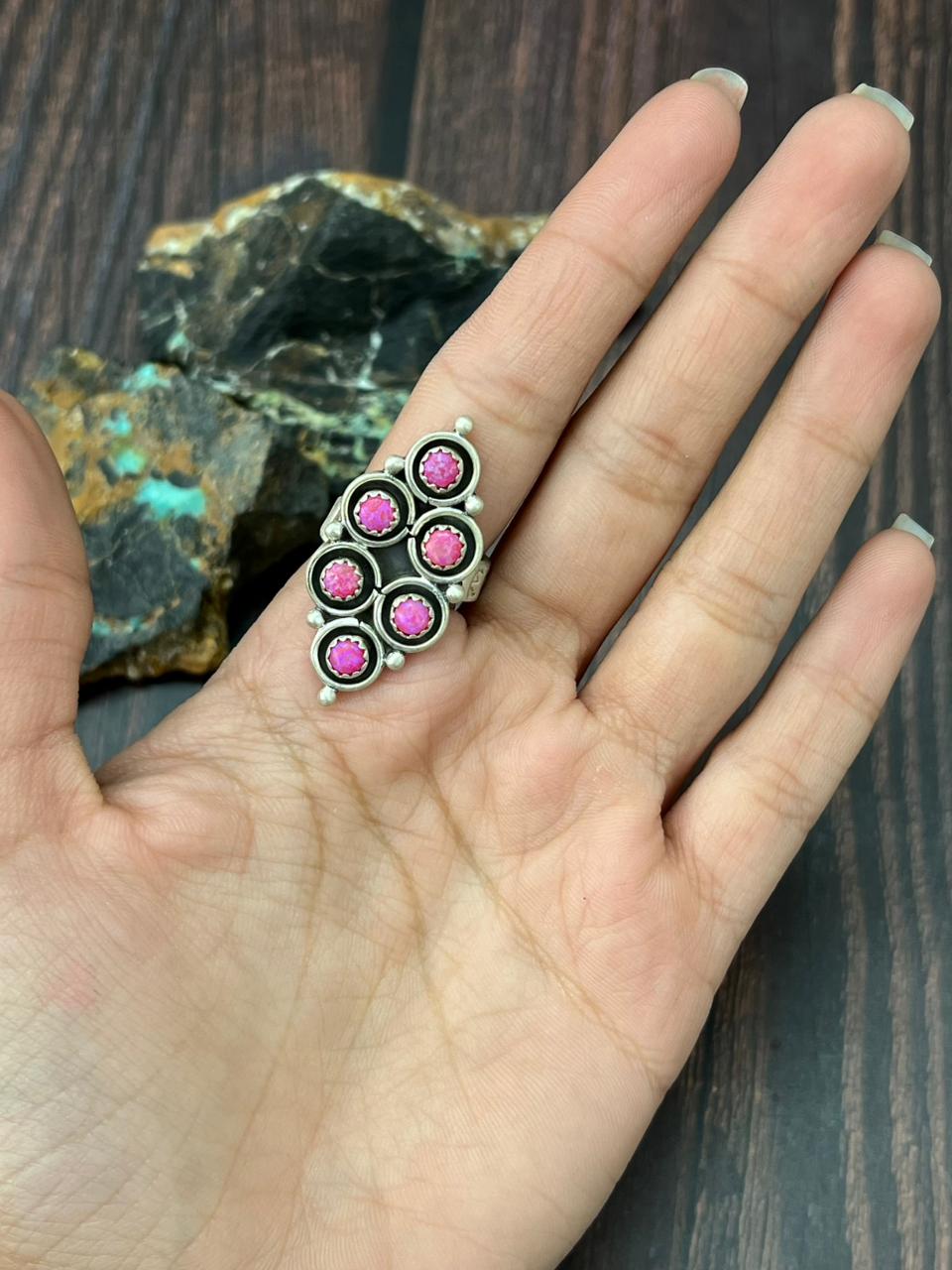 Handmade Sterling Silver Hot Pink Adjustable Ring "Singed Nizhoni"