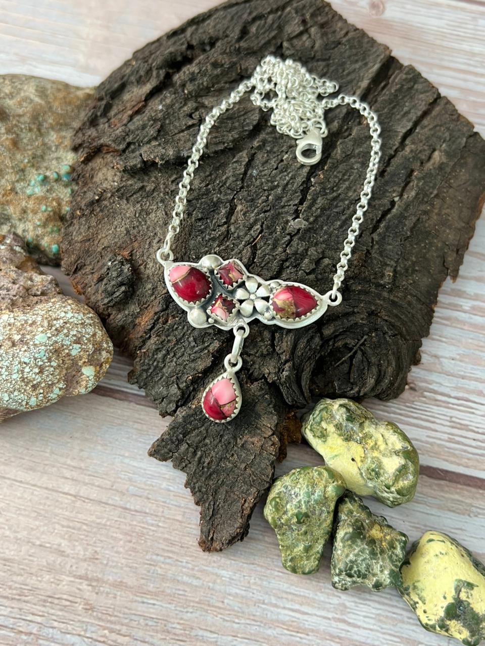 Handmade Sterling Silver Dahlia Rose Necklace with Signed Nizhoni