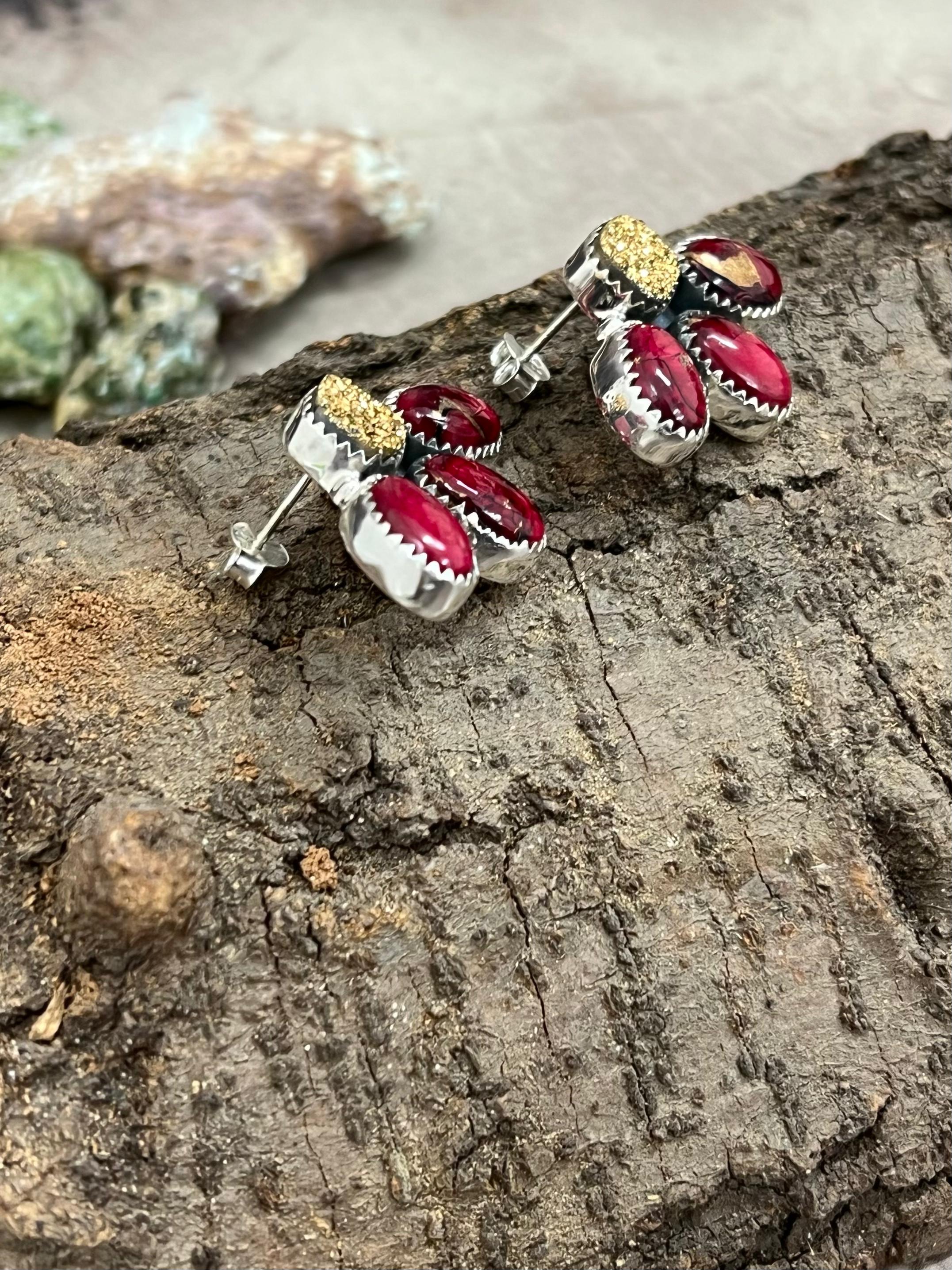 Handmade Sterling Silver Dahlia Rose with Druzy Post Earrings with Signed Nizhoni