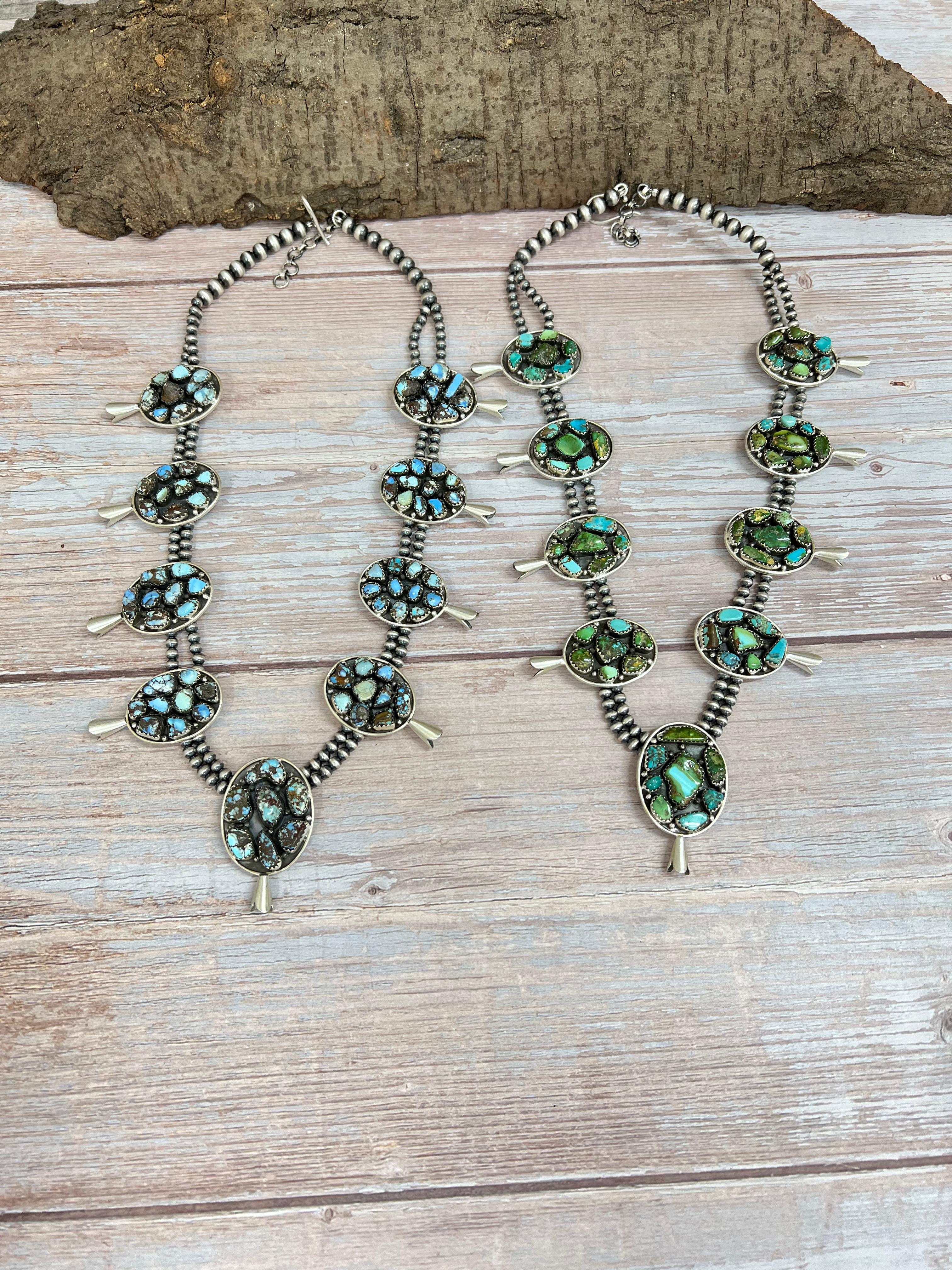 Handmade Sterling Silver Golden Hill Turquoise, Sonoran Mountain Turquoise Squash Blossom Beaded Necklace, Signed Nizhoni