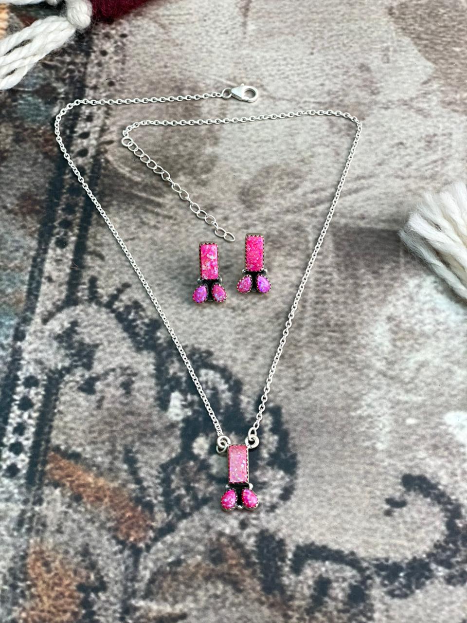 Handmade Sterling Silver Hot Pink Necklace Earrings Set "Signed Nizhoni"