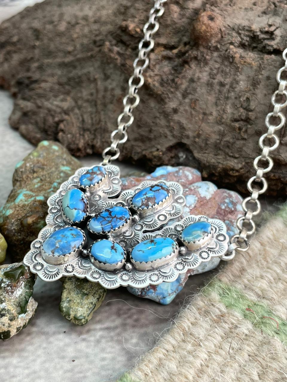 Handmade Sterling Silver Golden Hills Turquoise Cactus Necklace "Signed Nizhoni"