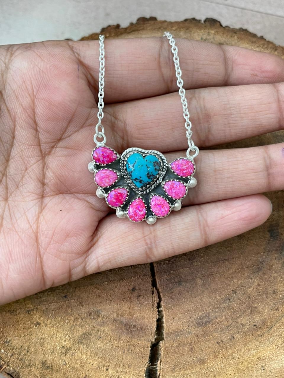 Handmade Sterling Silver Kingman with Hot Pink Necklace "Signed Nizhoni"